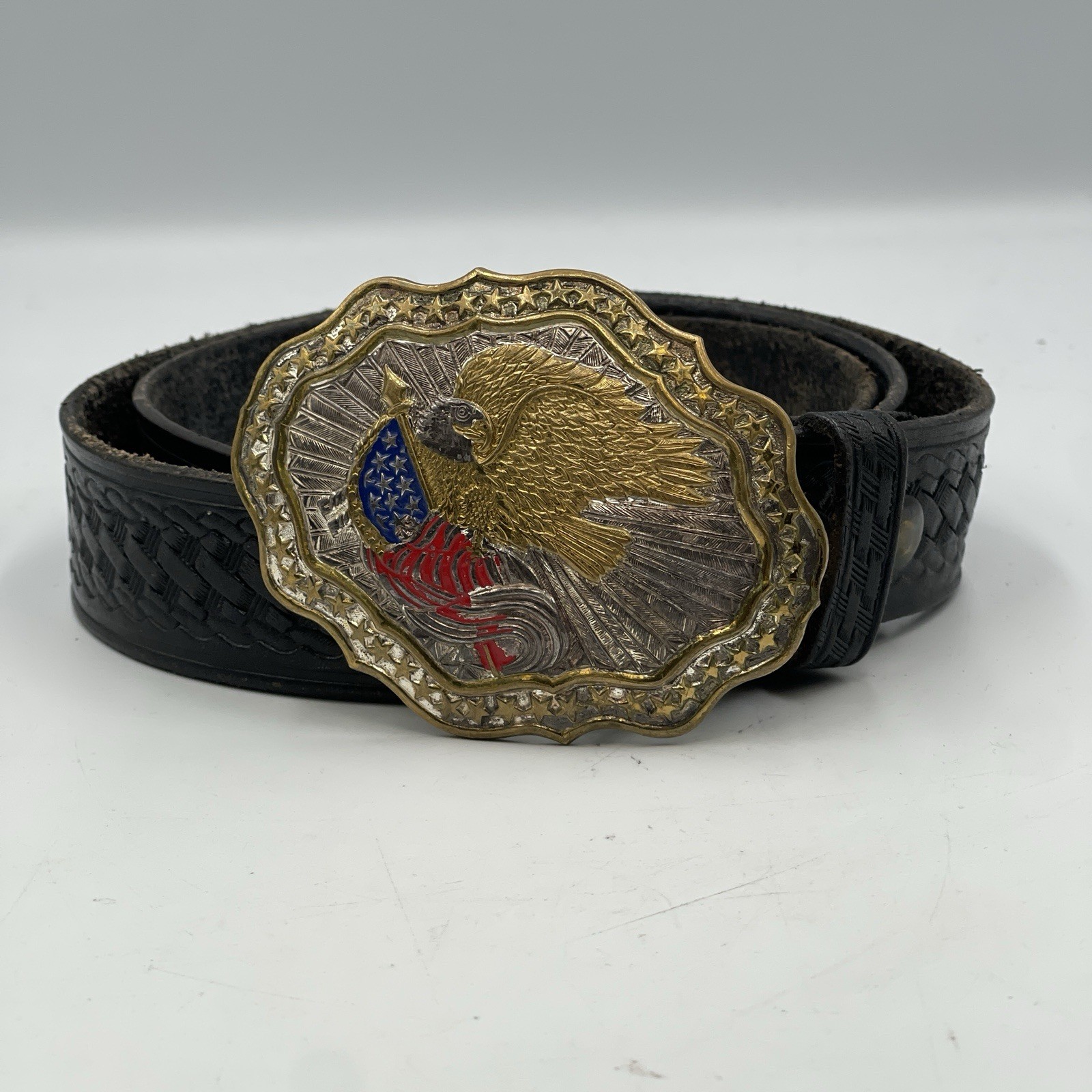 Vintage Crumrine Western Belt Buckle Eagle With American Flag Made In USA