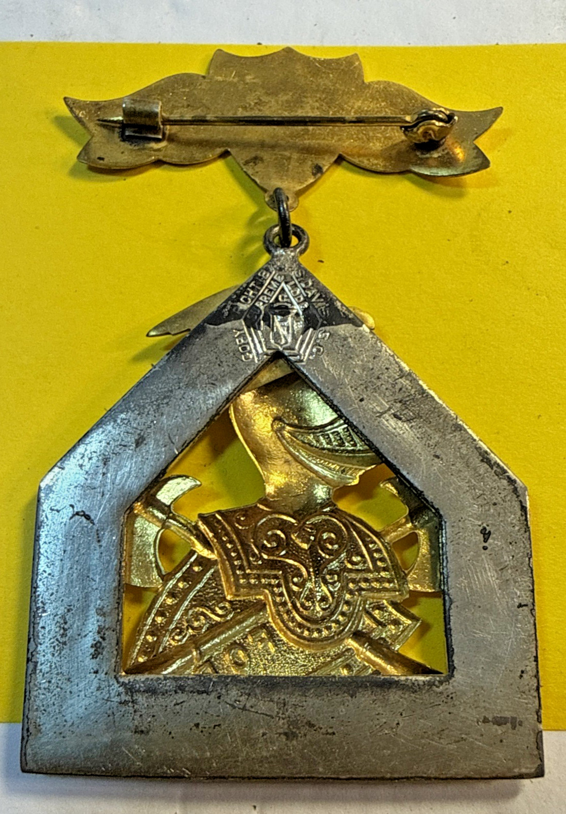 Antique Knights Of Pythias Large F.C.B. Silver & Gold Tone Pin/Medal 1874 + Case