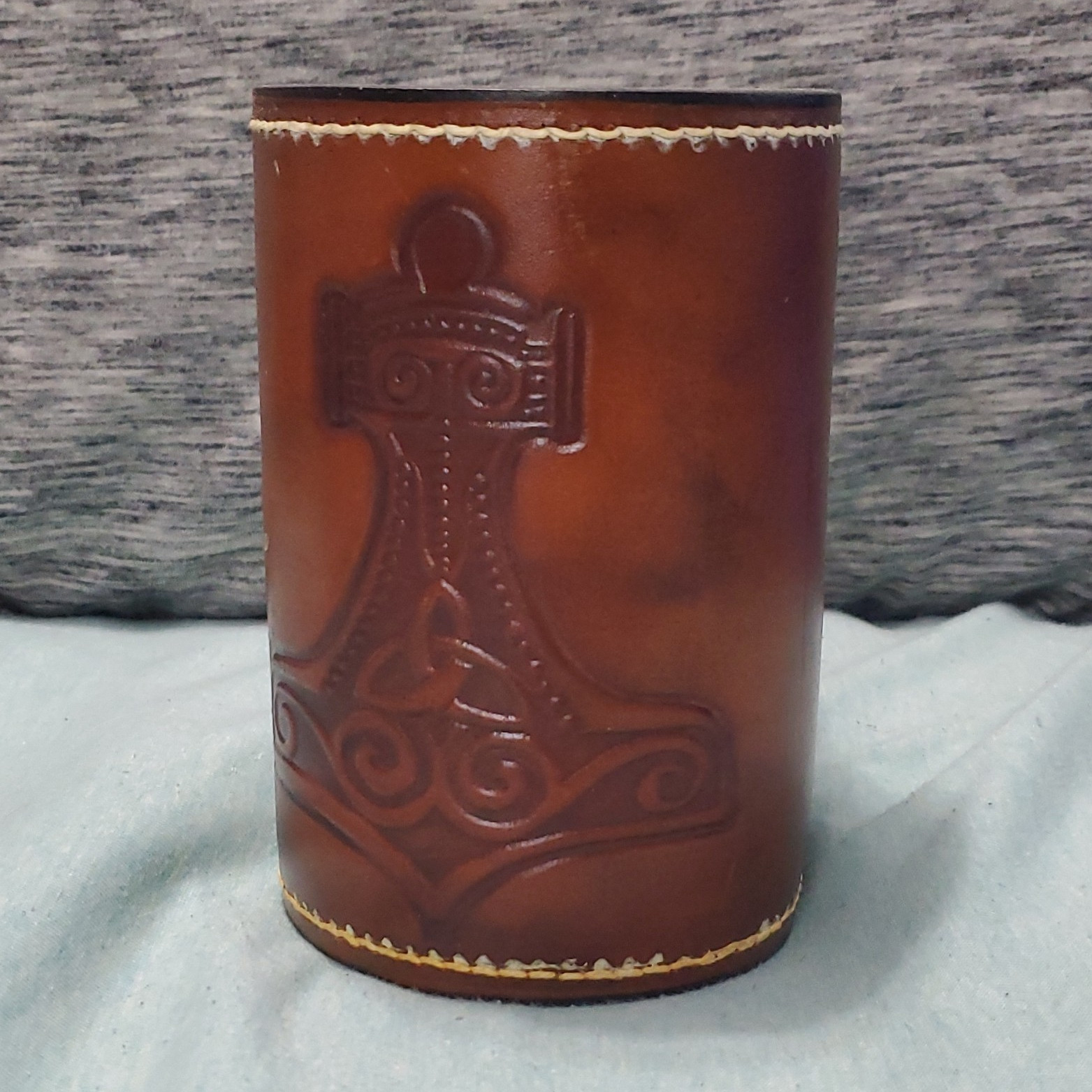 Brown Leather Embossed Decorated Mug w/ Handle, 6.5 in Tall, 4 in Diameter
