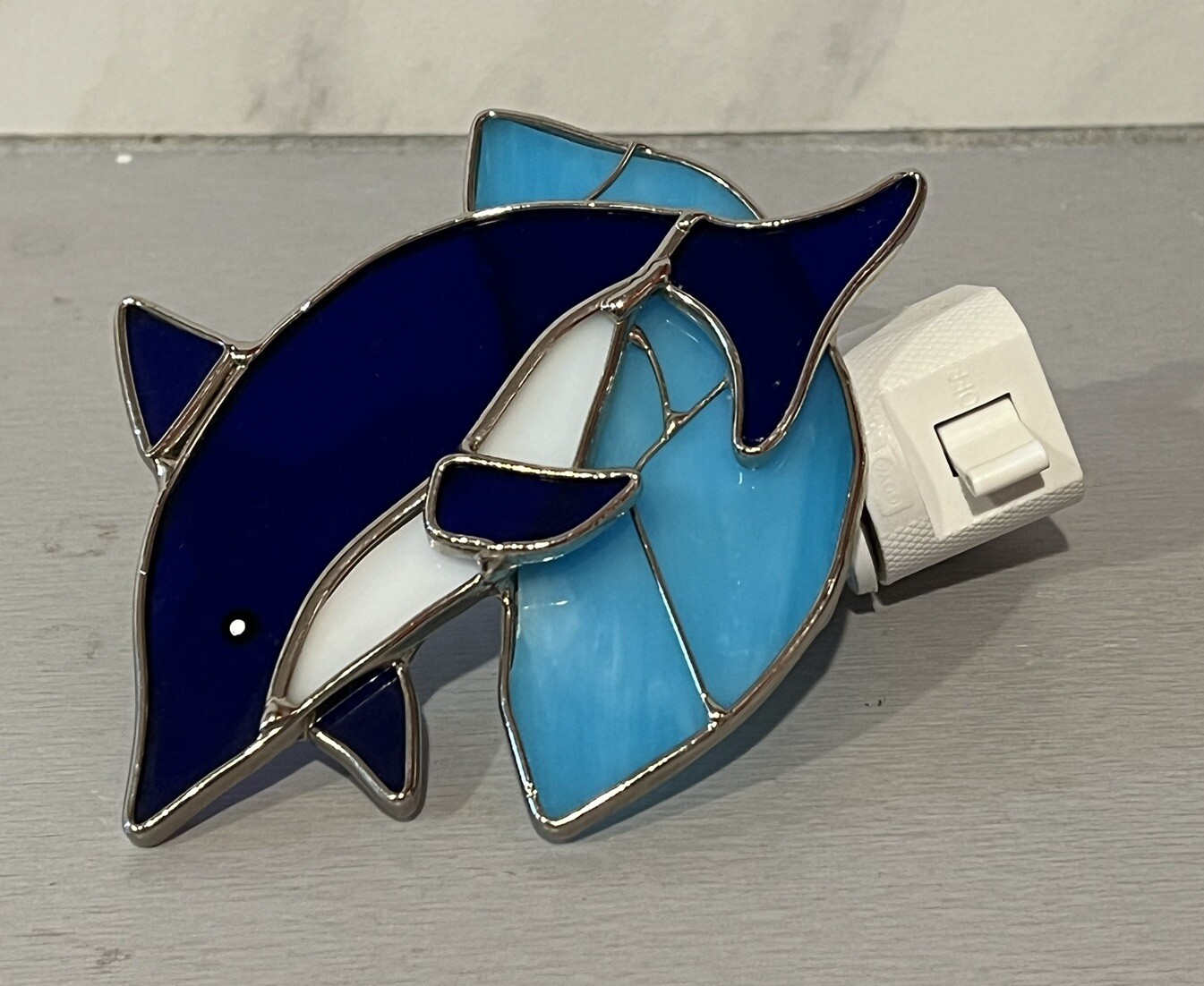 Dolphin Stained Glass Wall Plug Night Light On Off Switch Blue *NO BULB* Works!