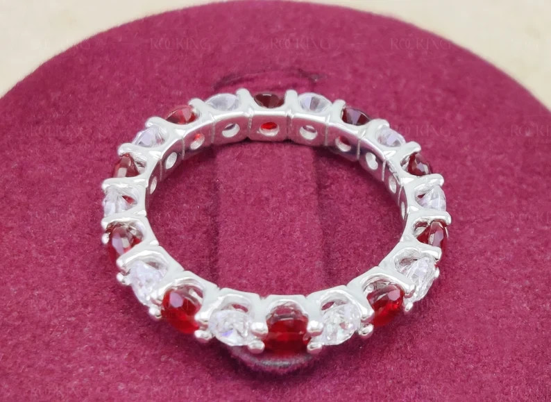 Ruby & Diamond 14K White Gold Over Wedding Anniversary Full Eternity Band Ring