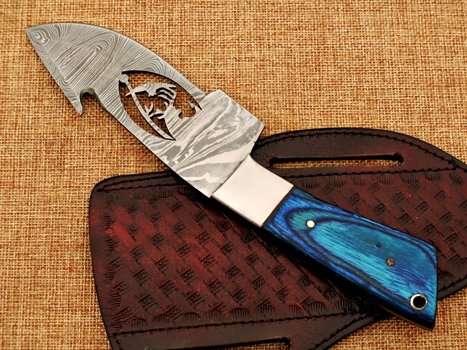 8.5″ Inches CUSTOM HANDMADE DAMASCUS STEEL GUTHOOK / HANDLE BLUE SHEET
