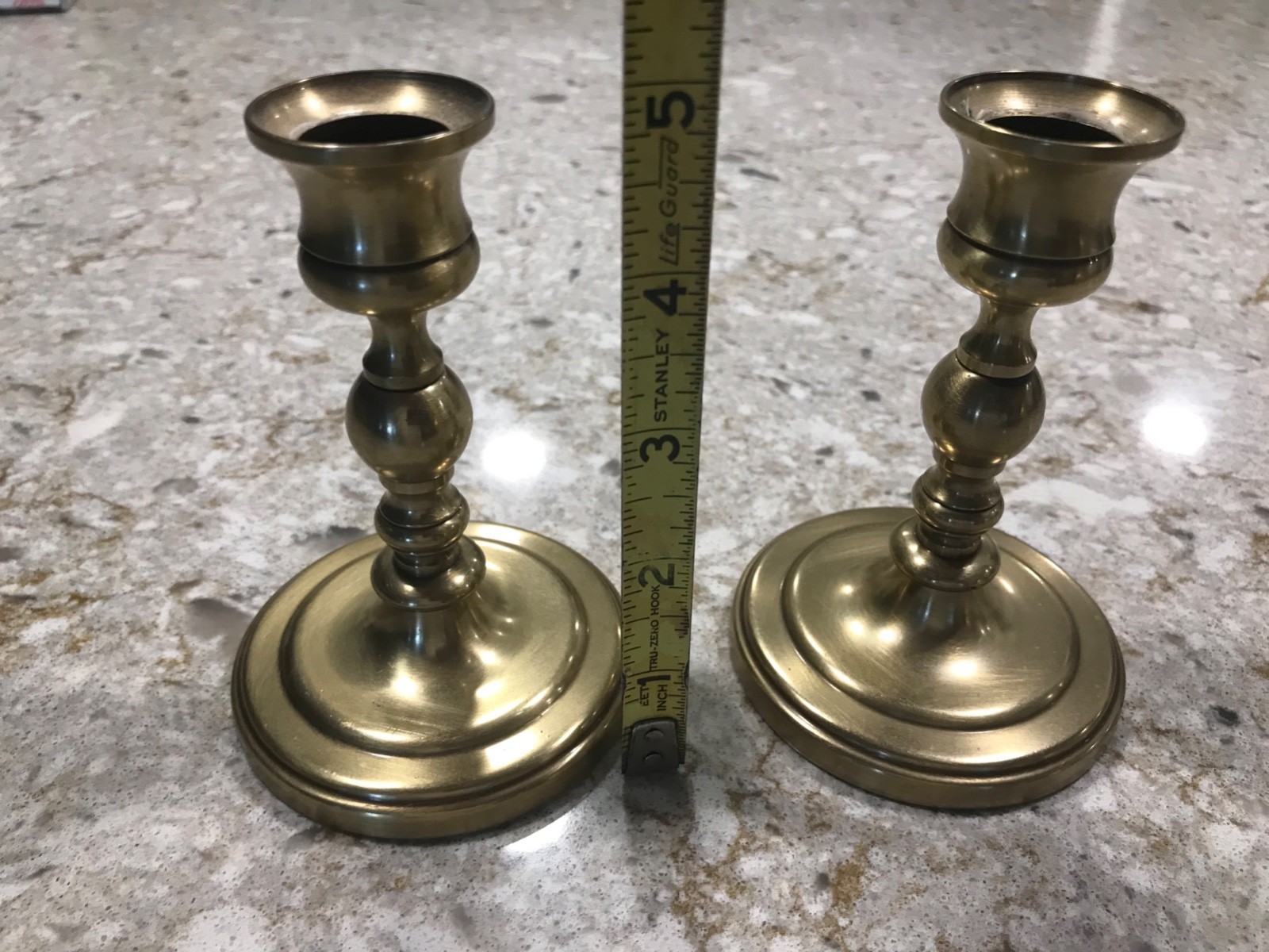 PAIR OF BALDWIN SOLID BRASS ROUND BASE 4.75 INCH HIGH CANDLE STICKS