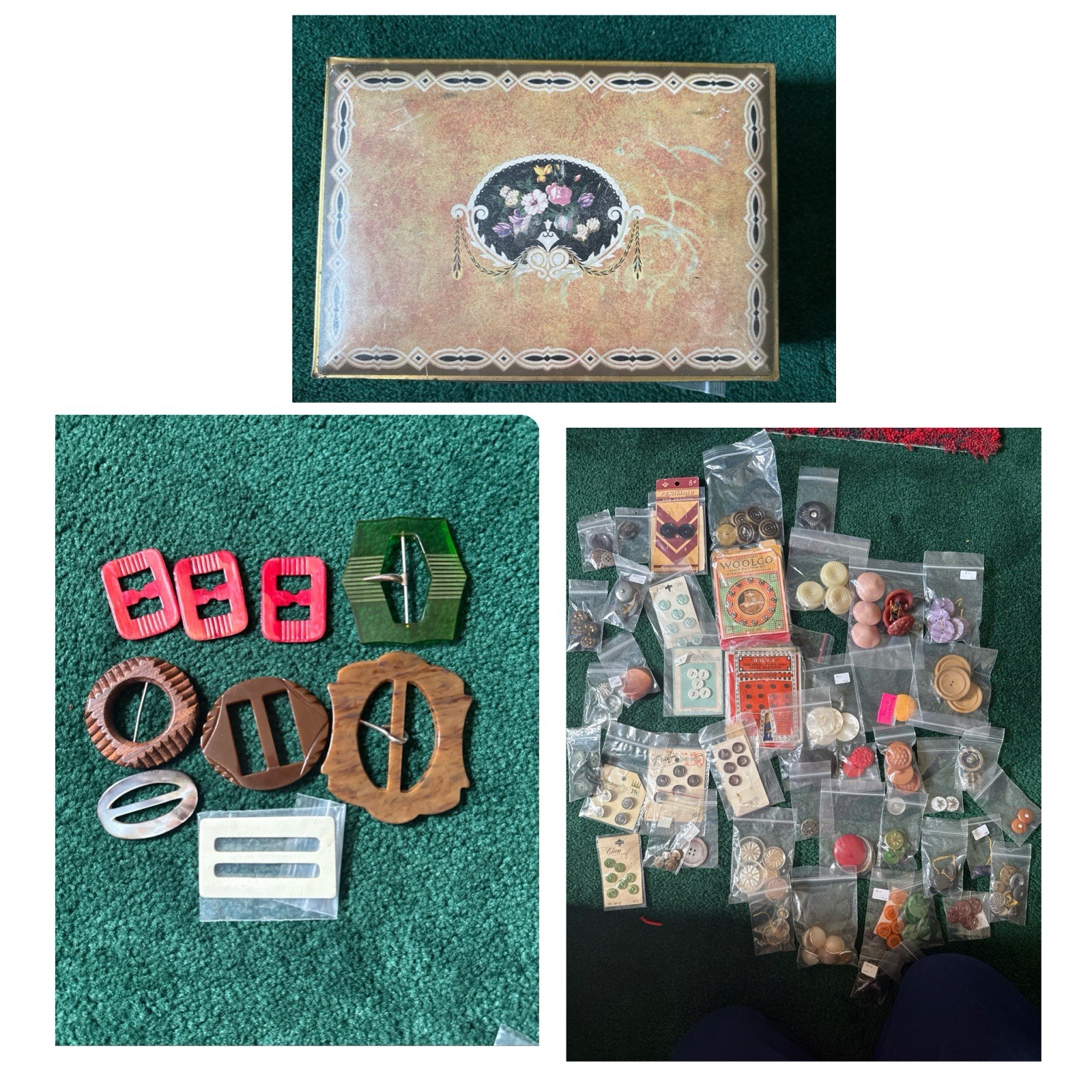 3.2 Pounds Vintage Buttons, Buckles In Uneeda Biscuit Floral Tin