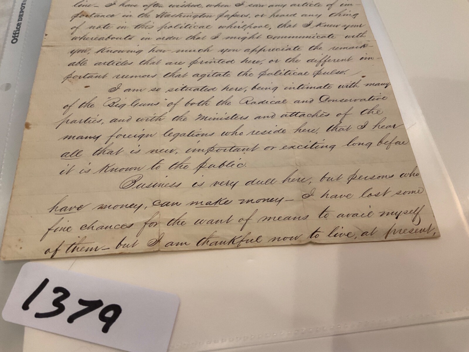 ANDREW JOHNSON DEPRAVITY & CORRUPTION LETTER WASHINGTON MOST CORRUPT TOWN