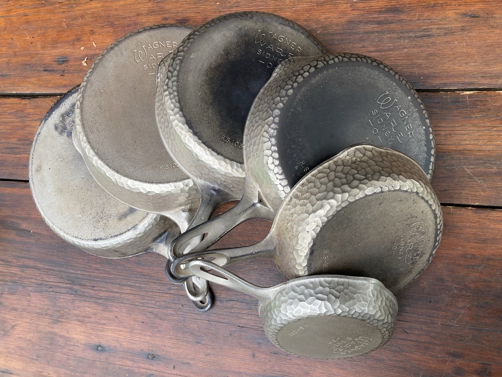 Wagner Ware Cast Iron Matching Hammered Skillet Set In HTF Nickel Finish