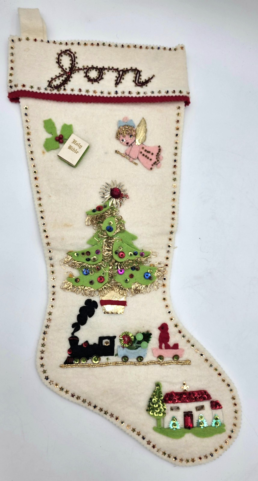Bucilla Style Felt Christmas Stocking Sequin Tree Train Angel Handmade Vtg 19 in