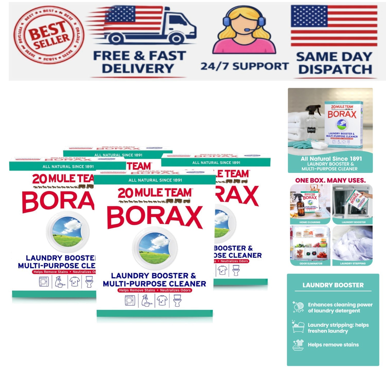 All-Natural Borax Laundry Booster & Multi-Purpose Cleaner, 65 Ounce, 4 Count