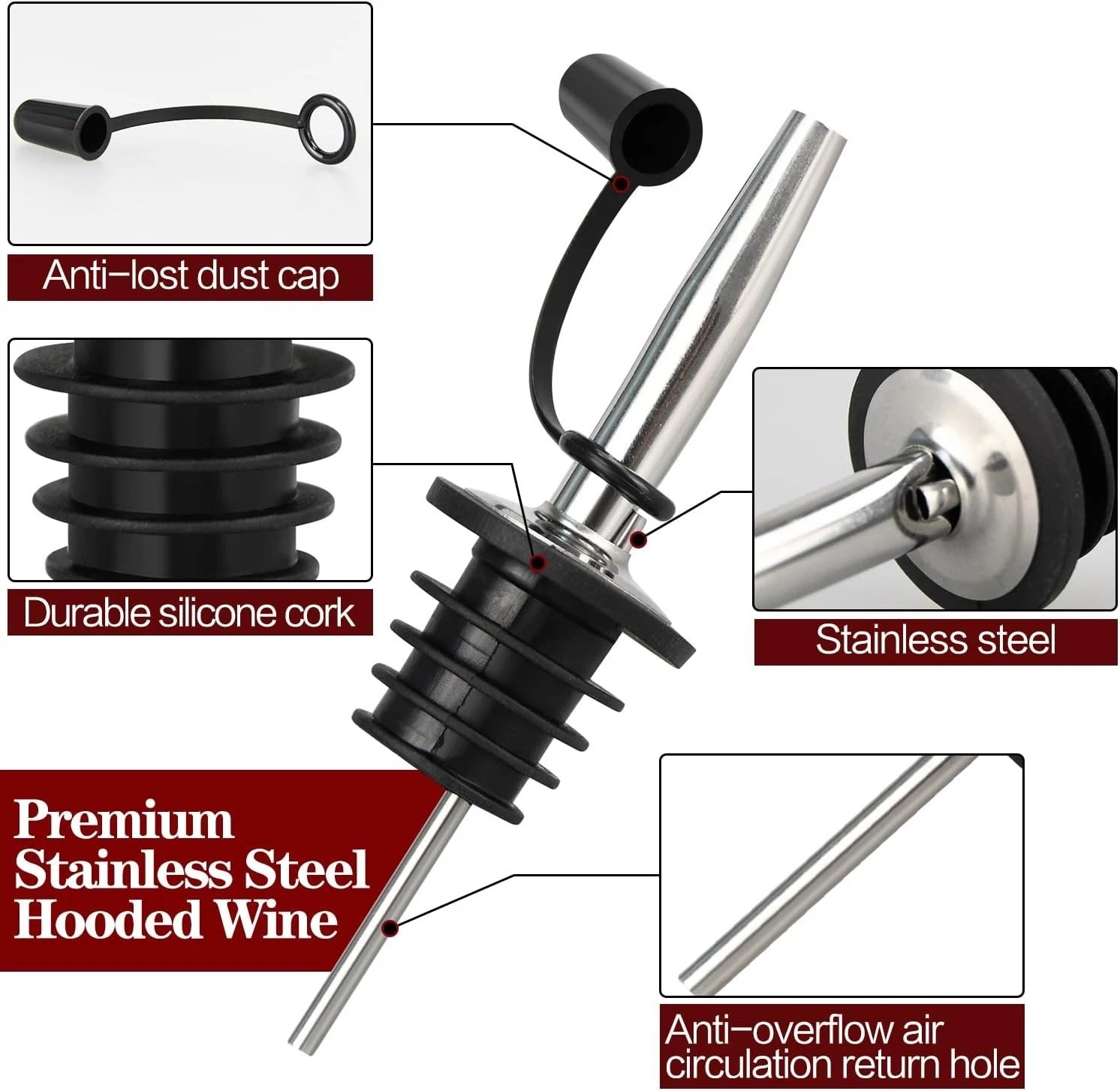 12Pack Liquor Pour Spout, Stainless Steel Classic Bottle Pourers with Rubber USA