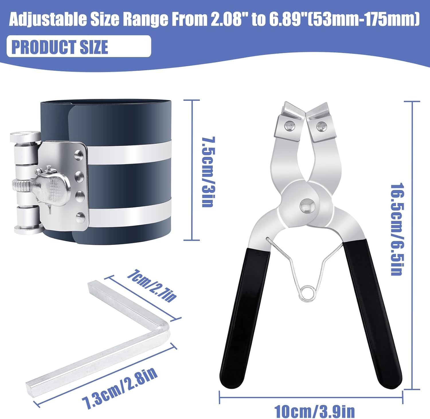 Piston Ring Compressor Installer Removal Tool Adjustable 2.08–6.89″ Engine Plier