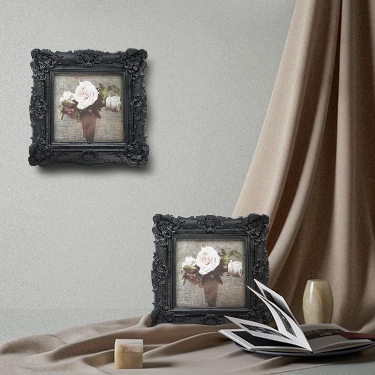 Ornate Vintage 4×4 Black Square Picture Frame – Wall & Tabletop Decor, Floral De