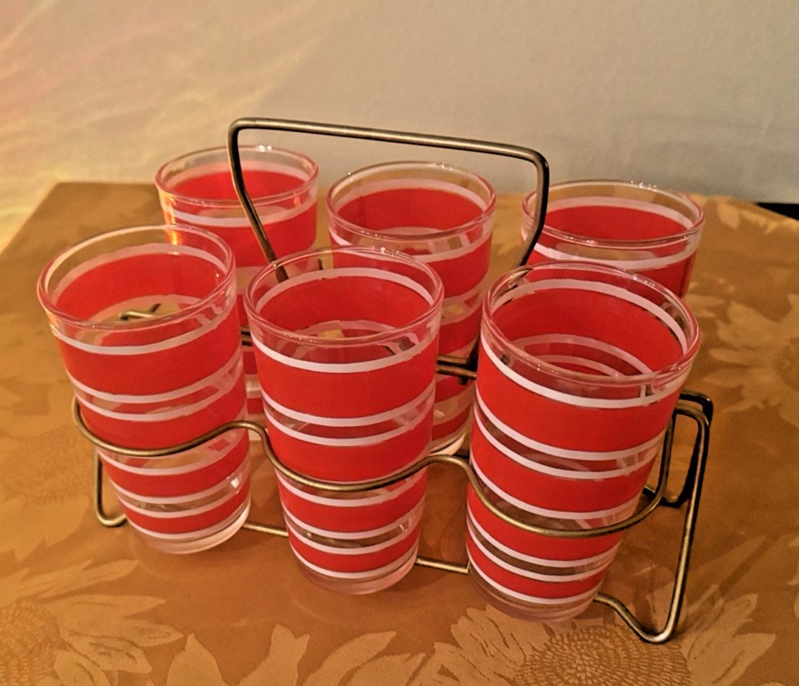 Vintage Hazel Atlas Red /White Striped Set of 6 Glasses + Metal Carrier *VG*
