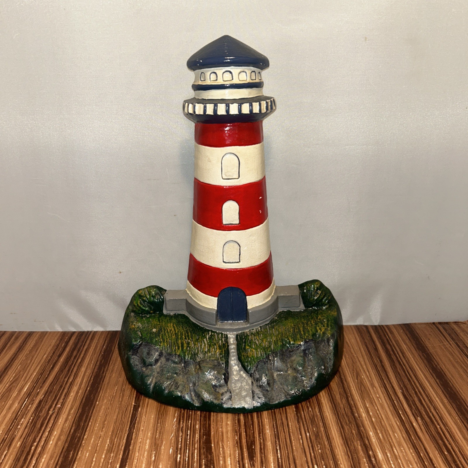 Large Cast Iron Heavy Lighthouse Doorstop 12×9.5×4 Inches Original Paint Vintage