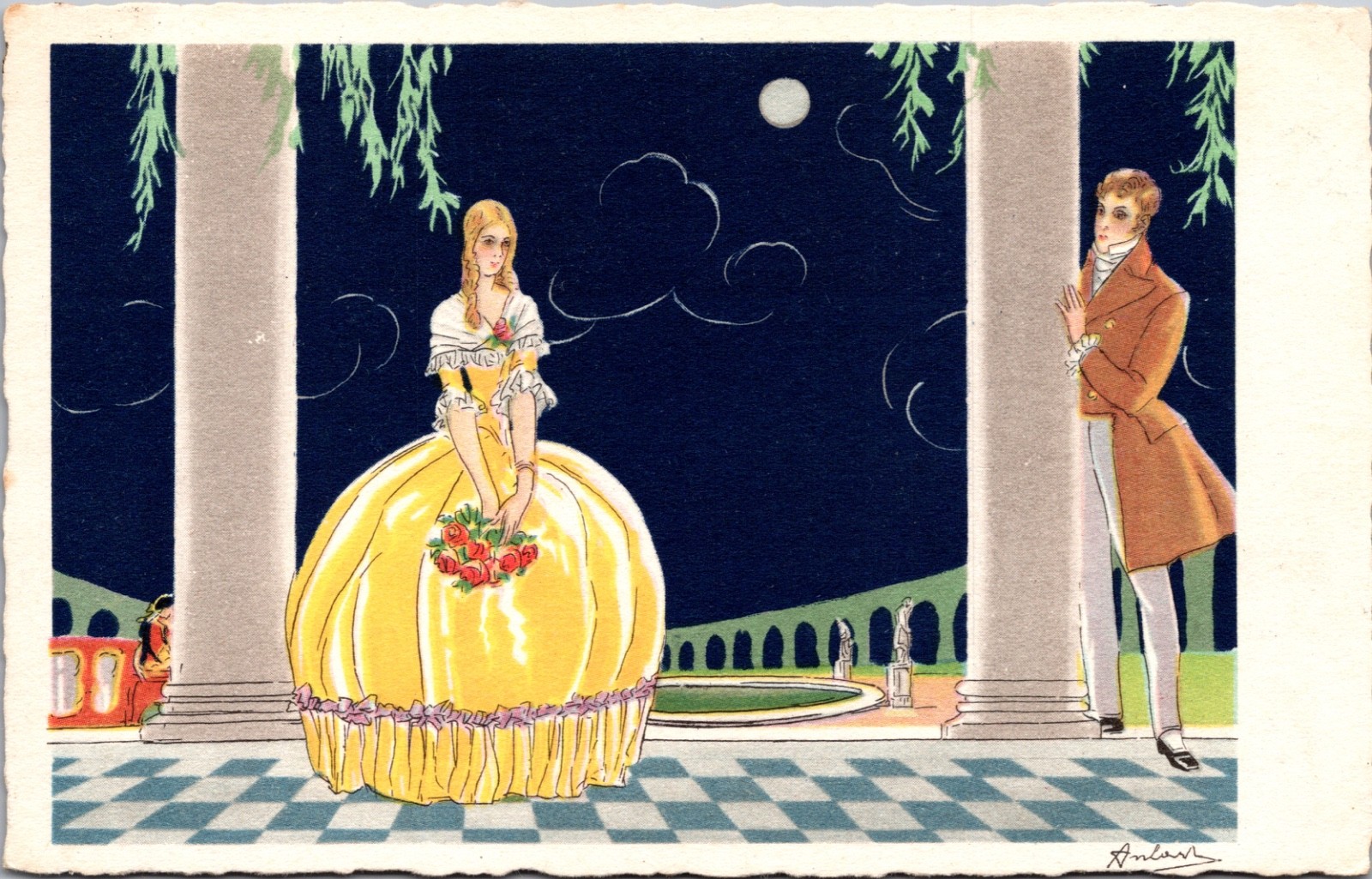 Italian Art Nouveau Romantic Moonlight Postcard Lovers Garden Scene