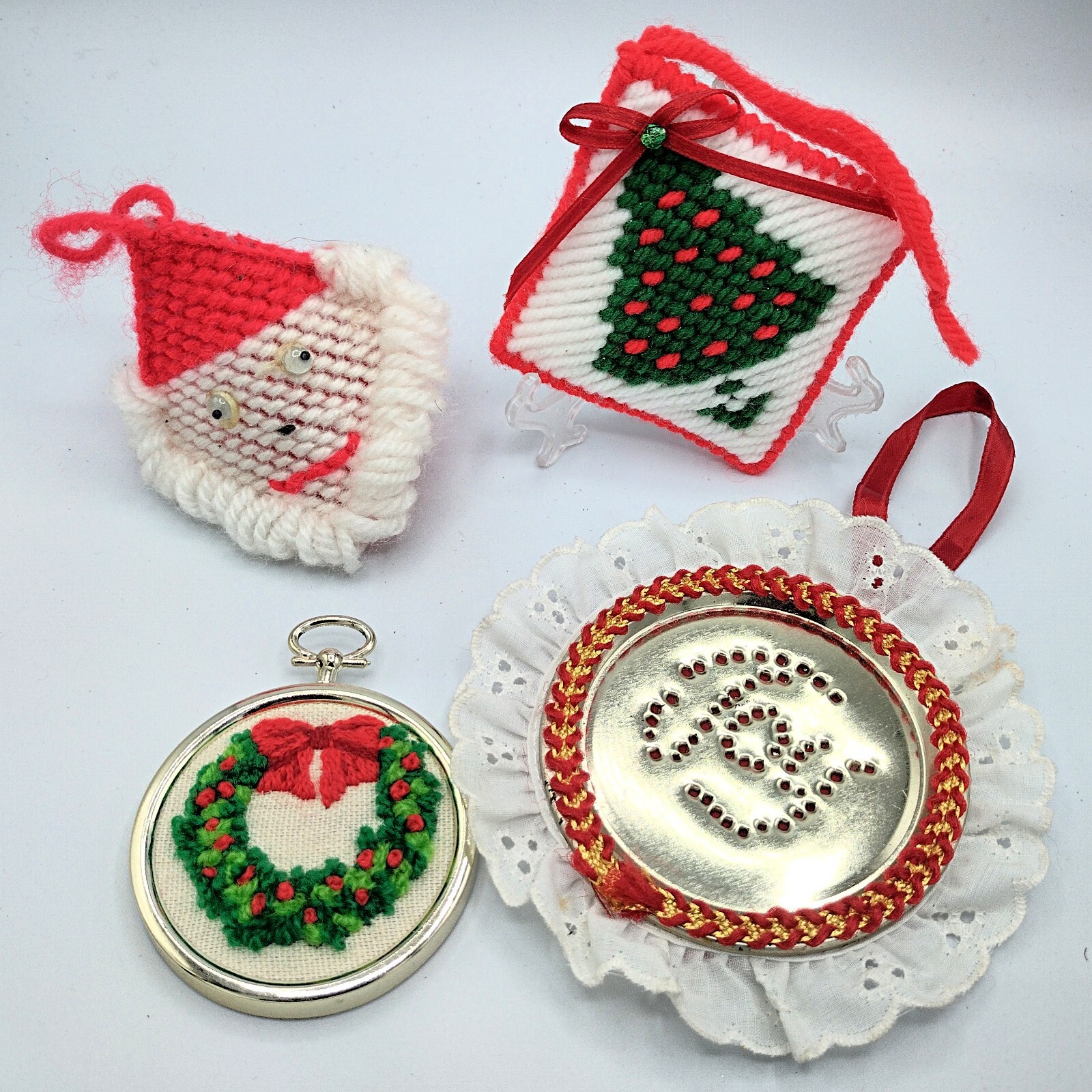 Vintage Christmas Crewel Embroidery Needlepoint Tin Punch Ornaments Handmade