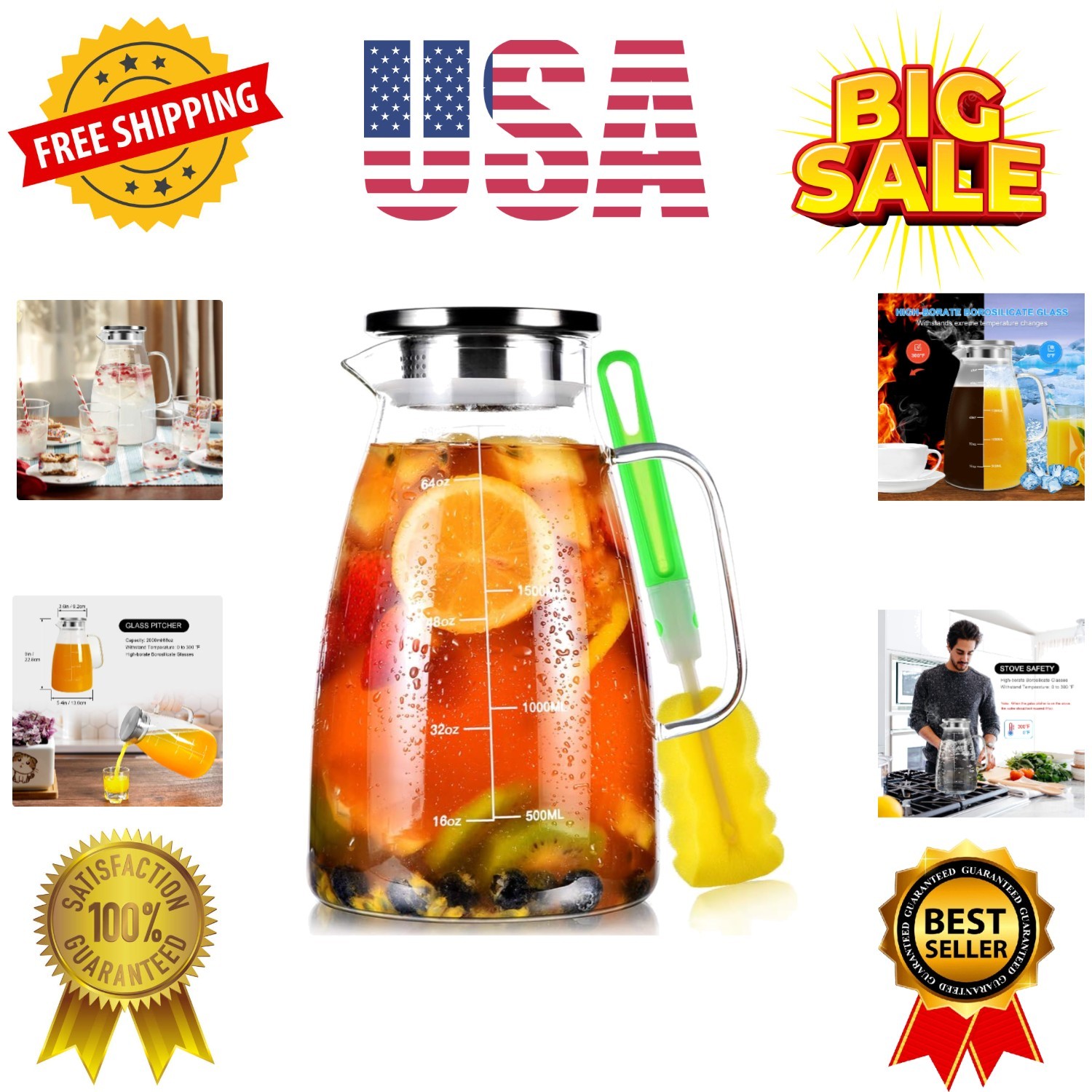 Elegant Borosilicate Glass Pitcher 68oz – Stainless Steel Lid & Scale Line