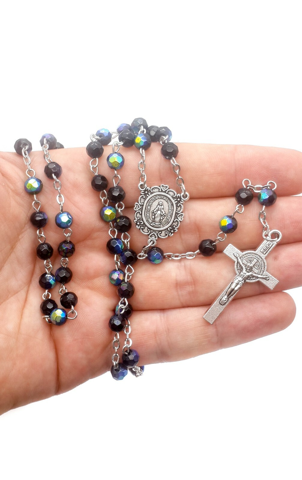 ST Benedict Rosary Necklace Multi Colored Black Blue Beads Miraculous Medal
