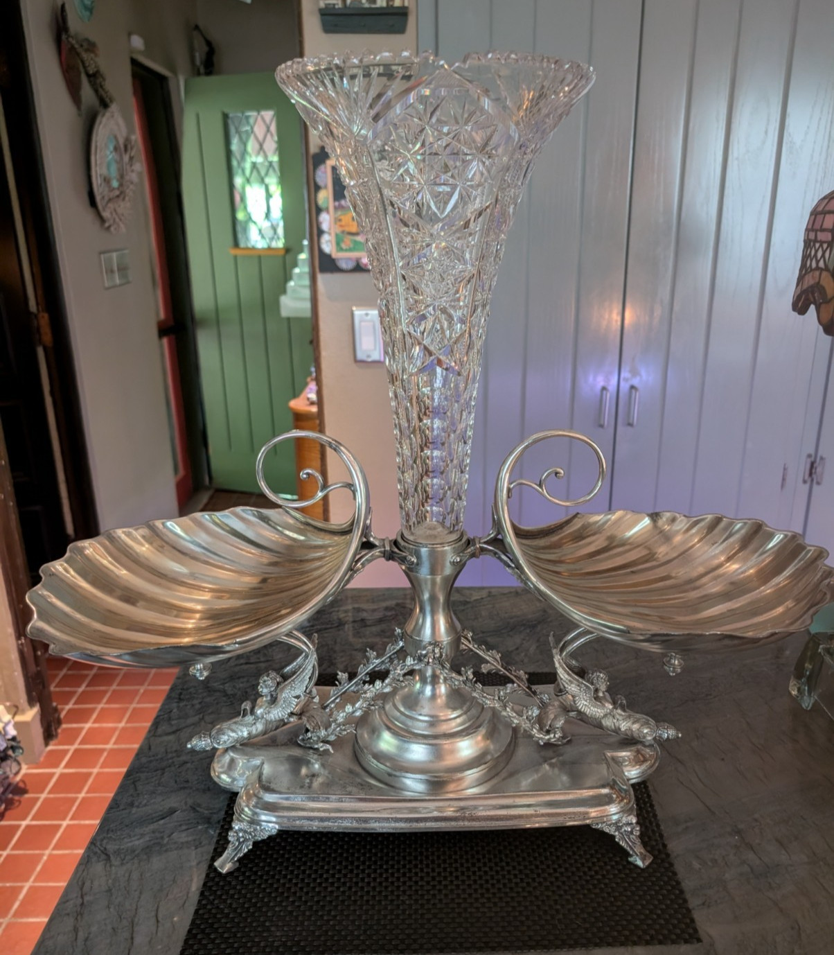 HUGE ANTIQUE WILCOX SILVER PLATE CENTERPIECE WITH ABP CUT GLASS CENTER VASE