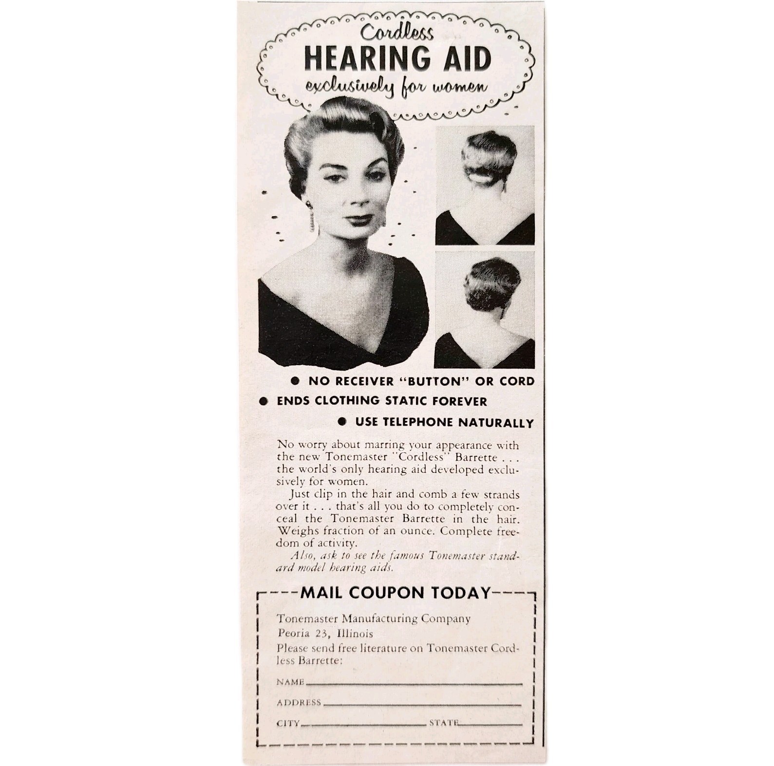 1957 Tonemaster Woman’s Cordless Hearing Aid Advertisement Medical Peoria F7B