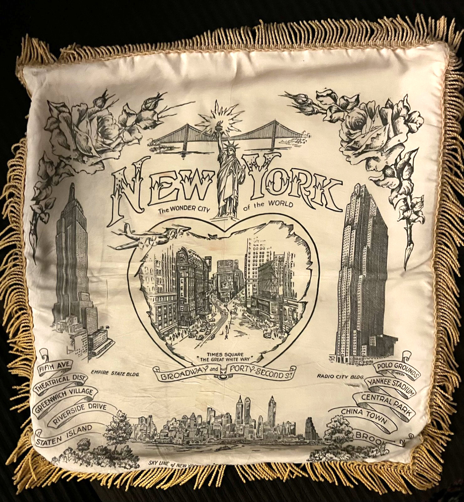 1930s-1950s Souvenir Pillow Case Slip NYC New York City Satin Fringed ANCO