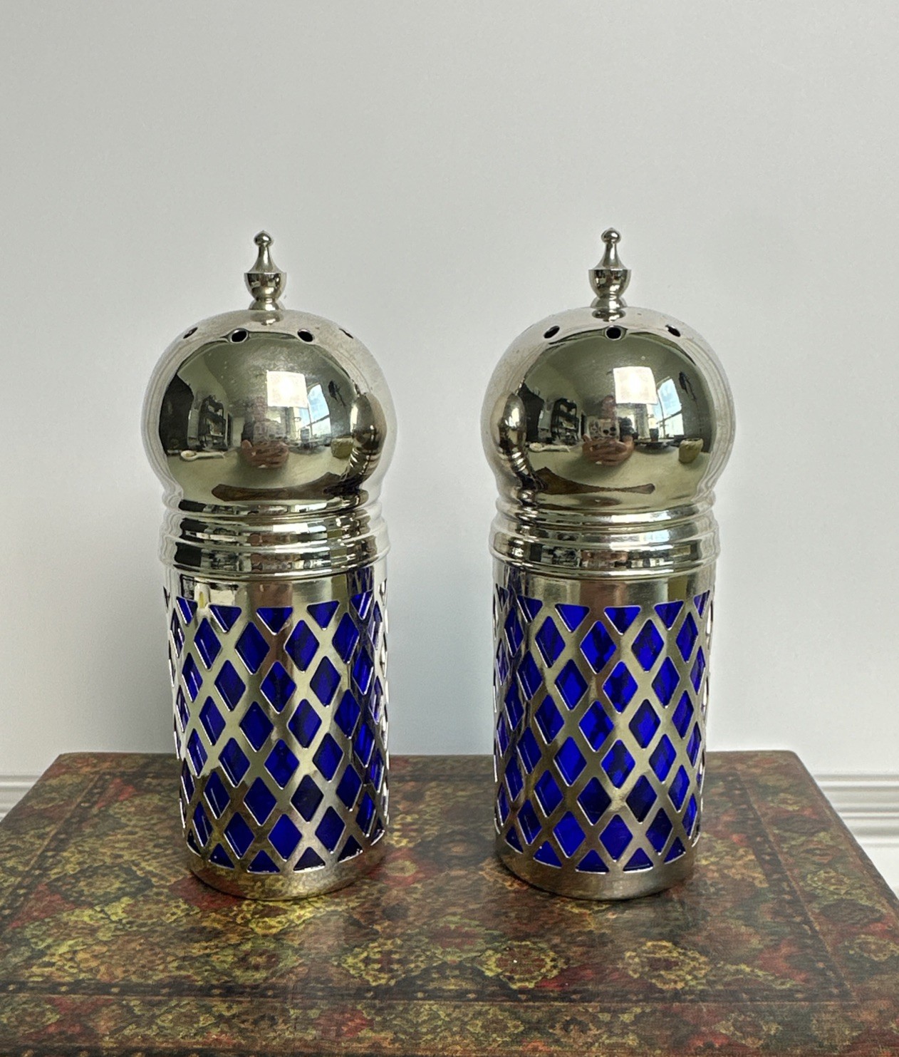 Vintage Godinger Cobalt Blue Glass & Silverplate Salt & Pepper Shakers