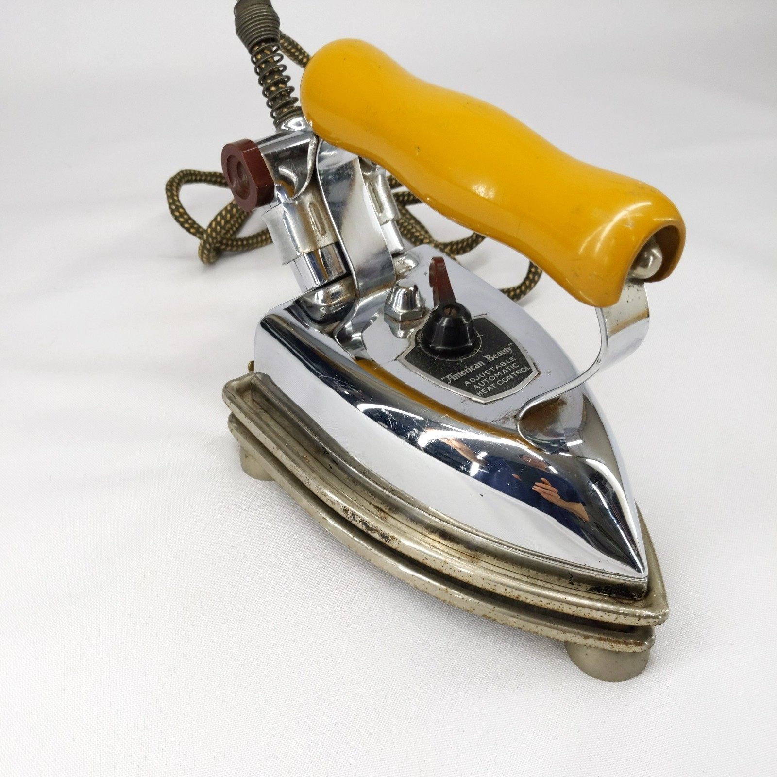 Antique American Beauty Electric Iron w/Stand S66AB Chrome Detroit USA