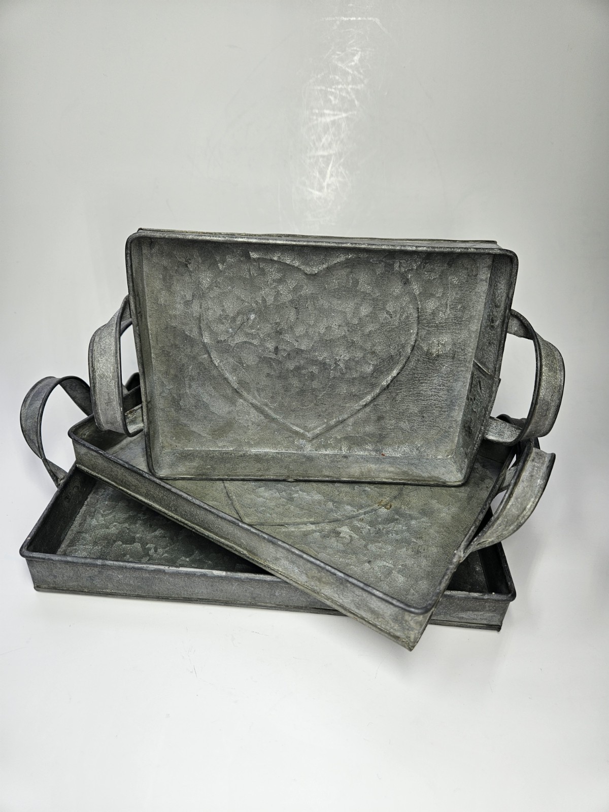 Set/3 Rectangular Rustic Galvanized Steel Heart Stamped Nesting Trays Handles
