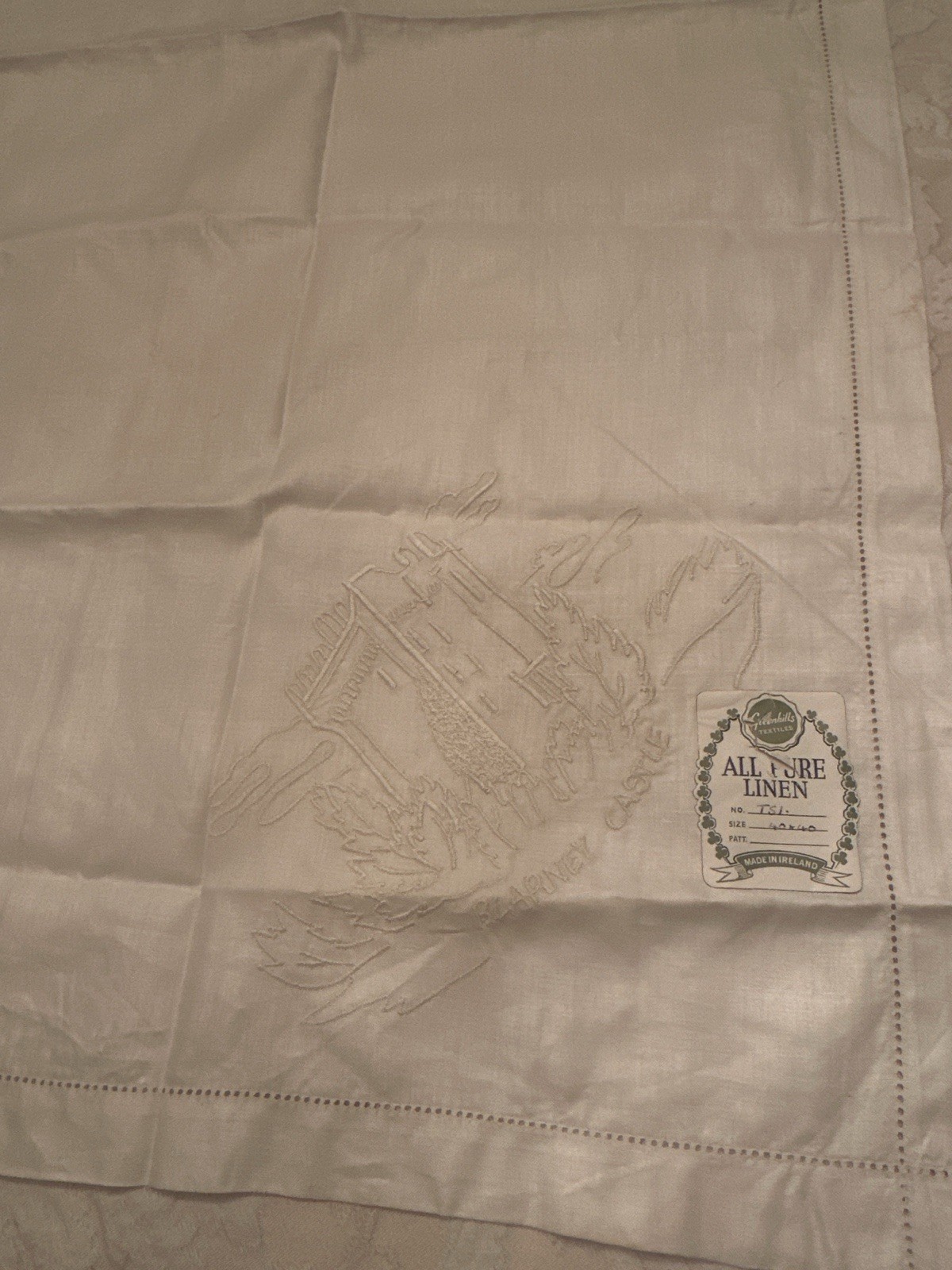 Vintage Irish Linen 36×36 Table Topper Blarney Castle