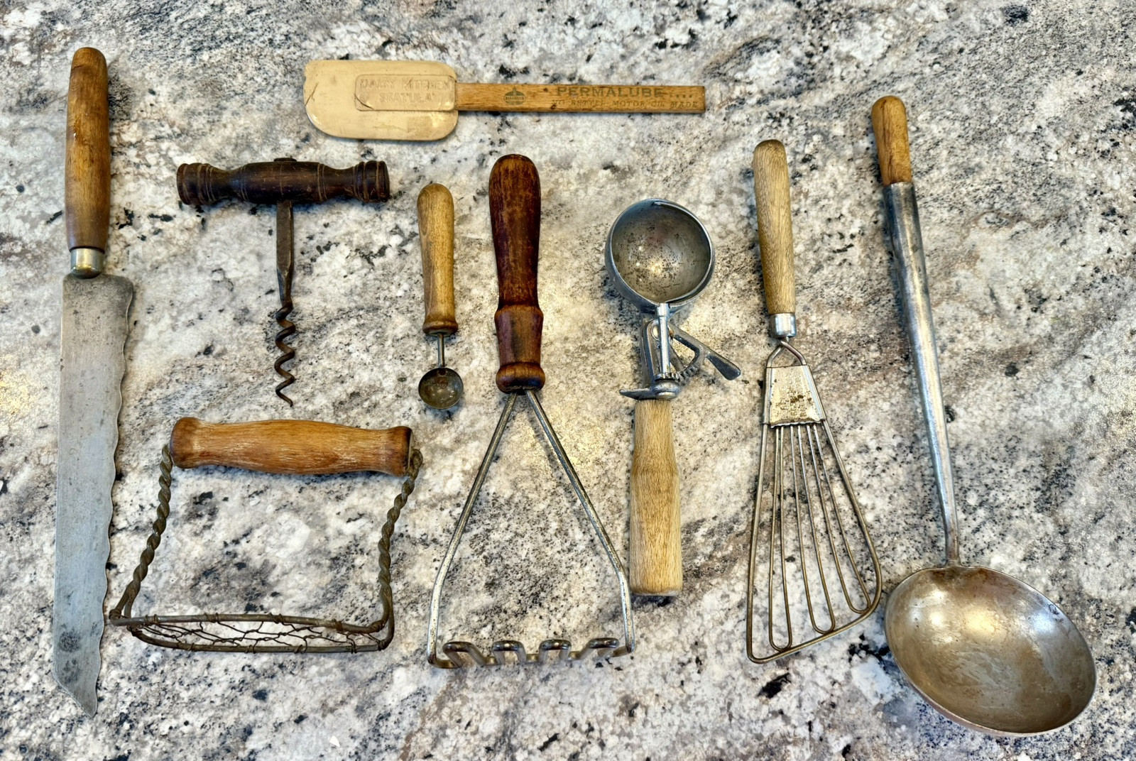 9 Vintage Steel-Metal And Wood Kitchen Utensils Including Long Handle Soup Ladle