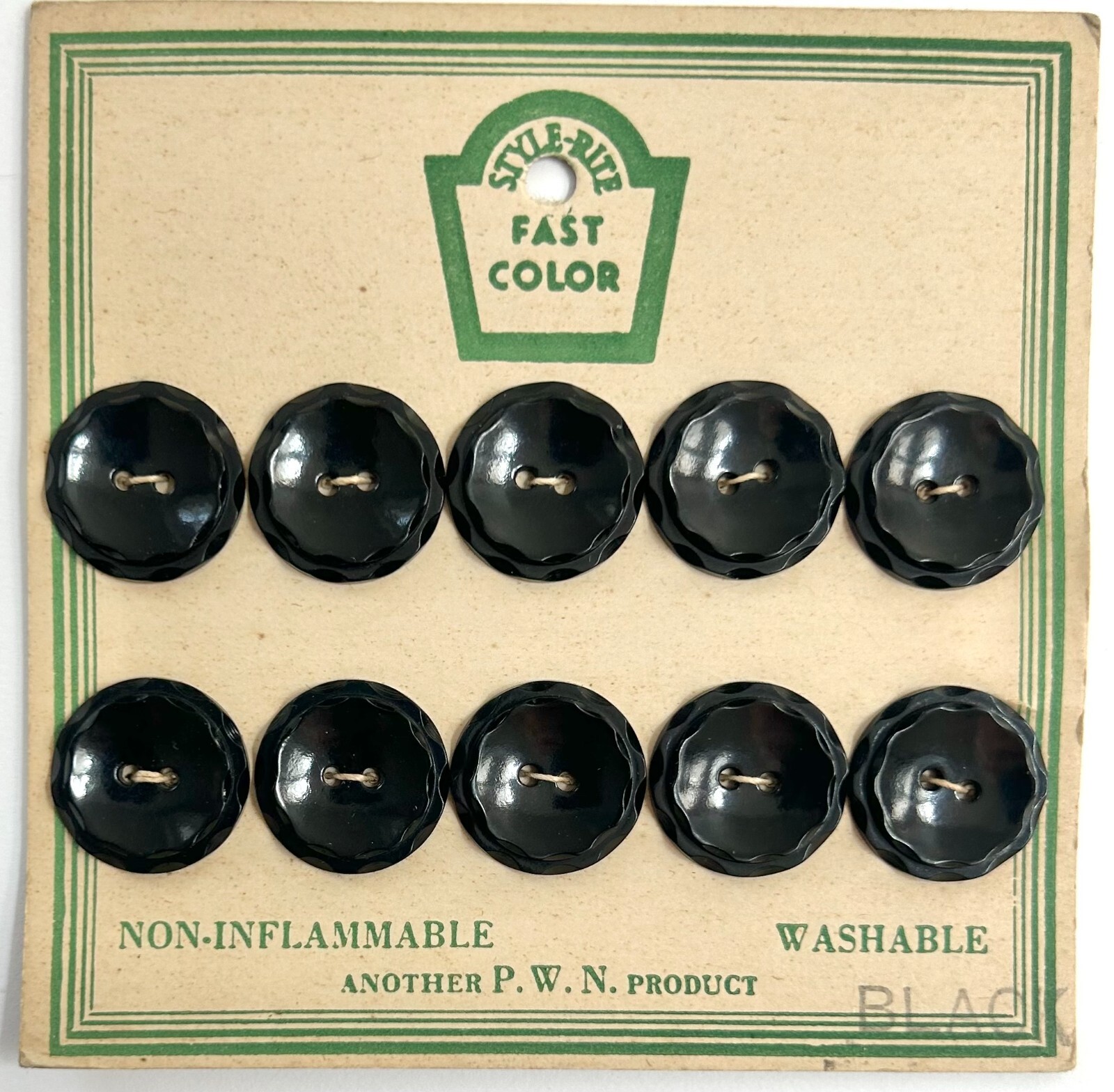 10 Vintage Black Plastic Buttons on Original Manufacturer’s Card – 3/4″ Dia.
