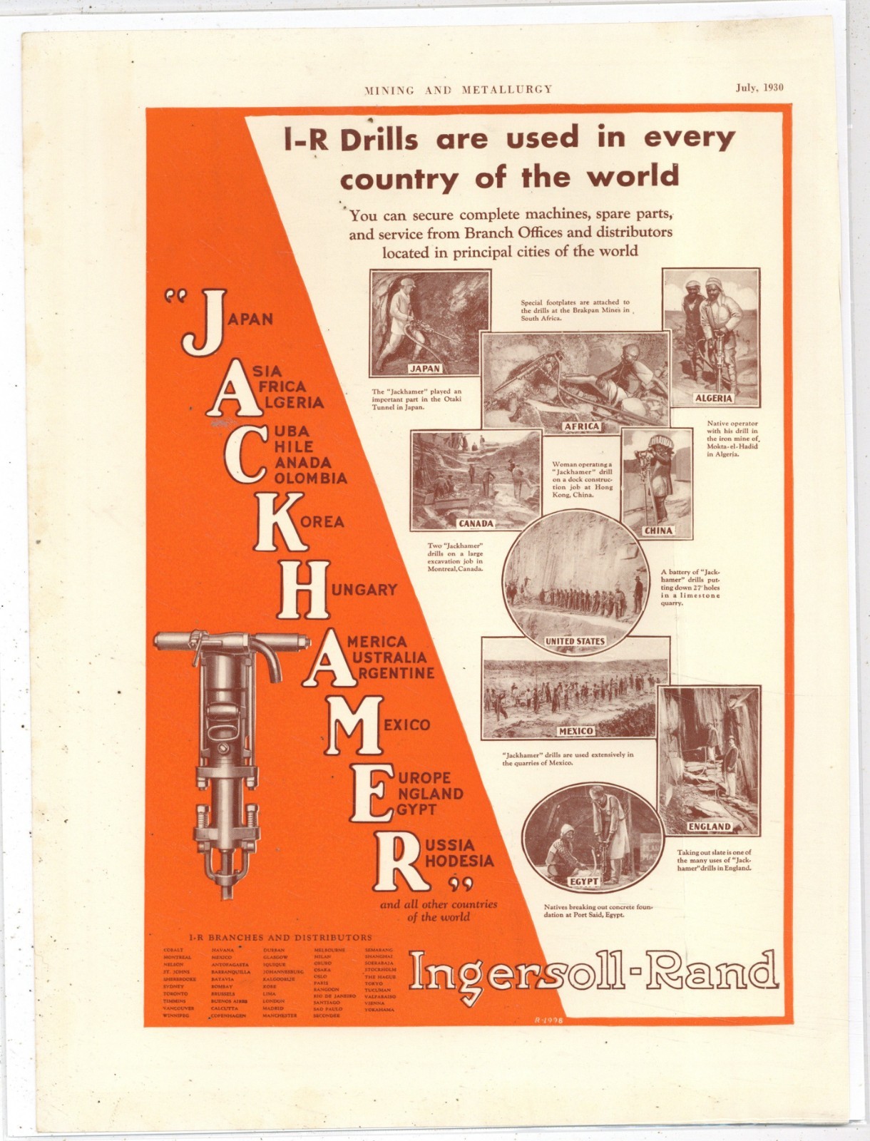 1930 Ingersoll Rand Ad: Mining Drills & Jackhammers on All Continents