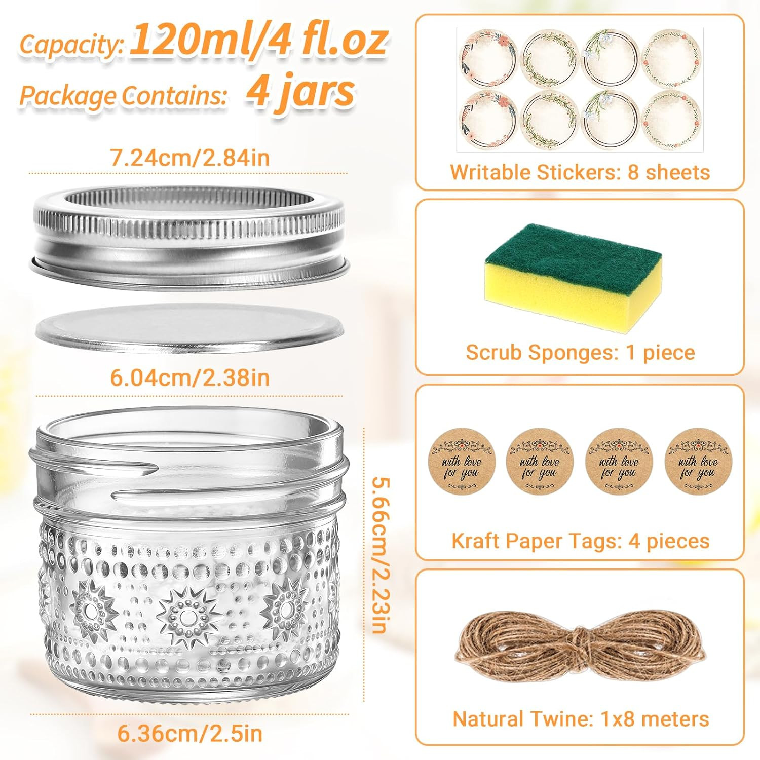 4 oz Mason Jars with Embossed Pattern 4 Pack | Small Canning Jars with Airtight
