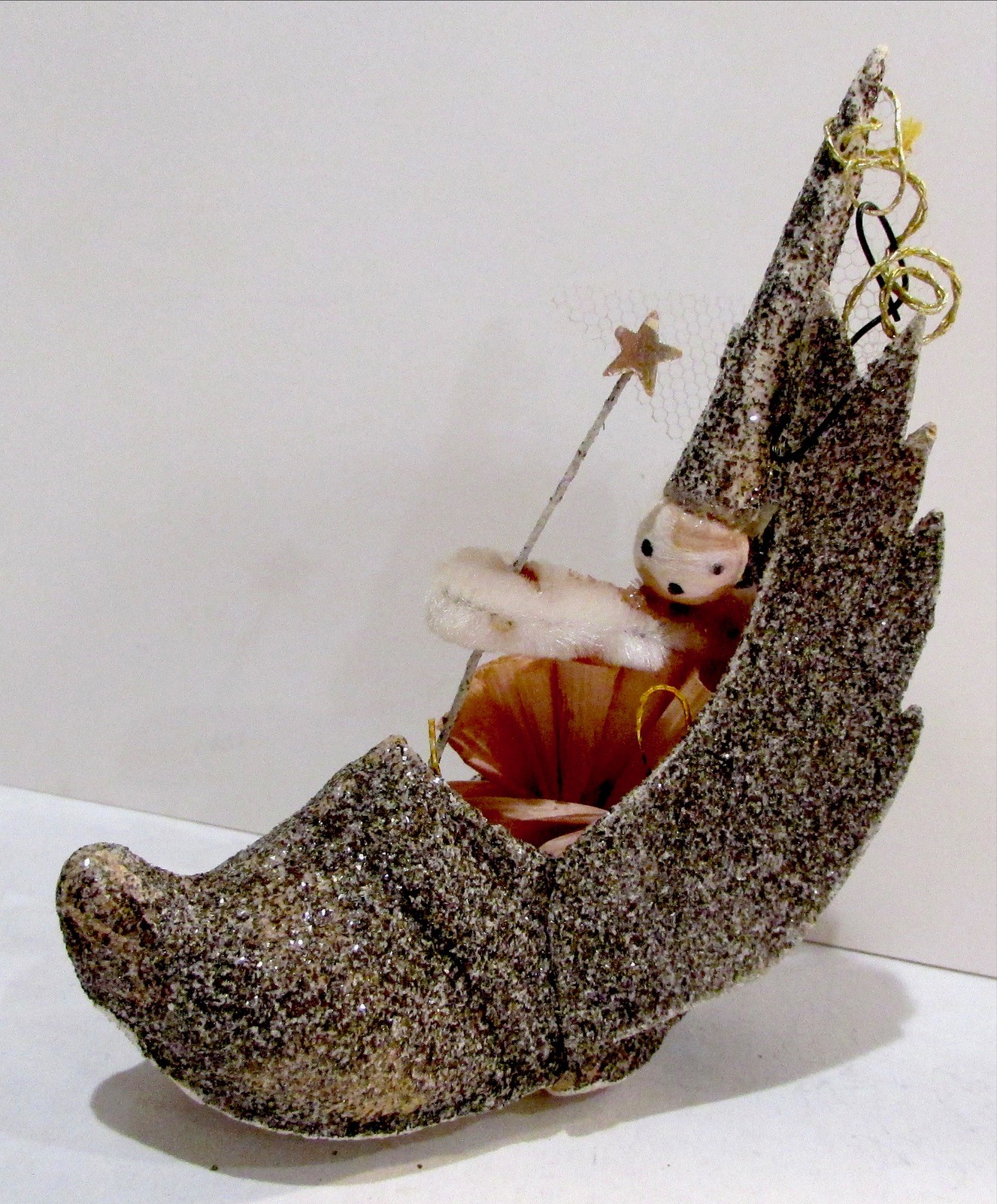 Vintage Christmas Ornament Sparkly Winged Shoe Candy Contianer Fairy 3.25″