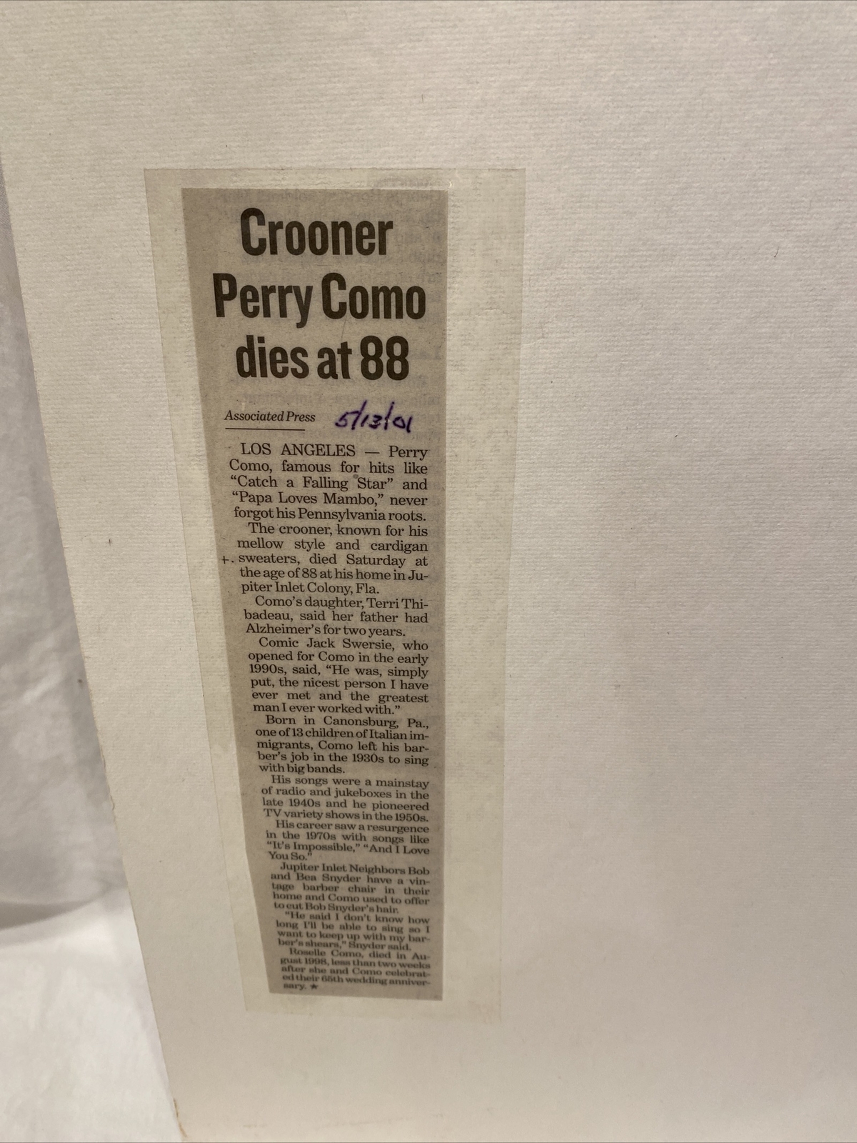 Authographed Signed, Matted Photograph Of Perry Como w Letter of Authenticity