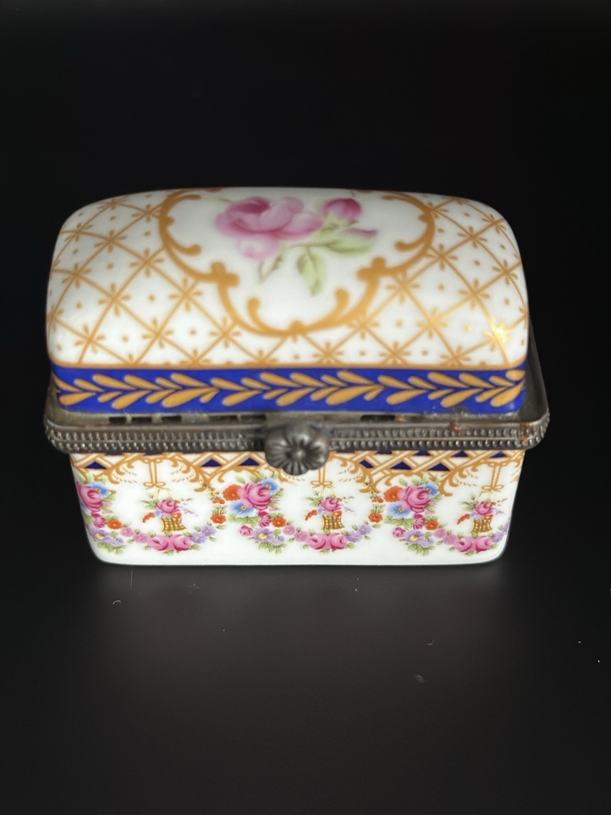 Porcelain Hinged Trinket Box with Rococo Floral Design France 1920’s