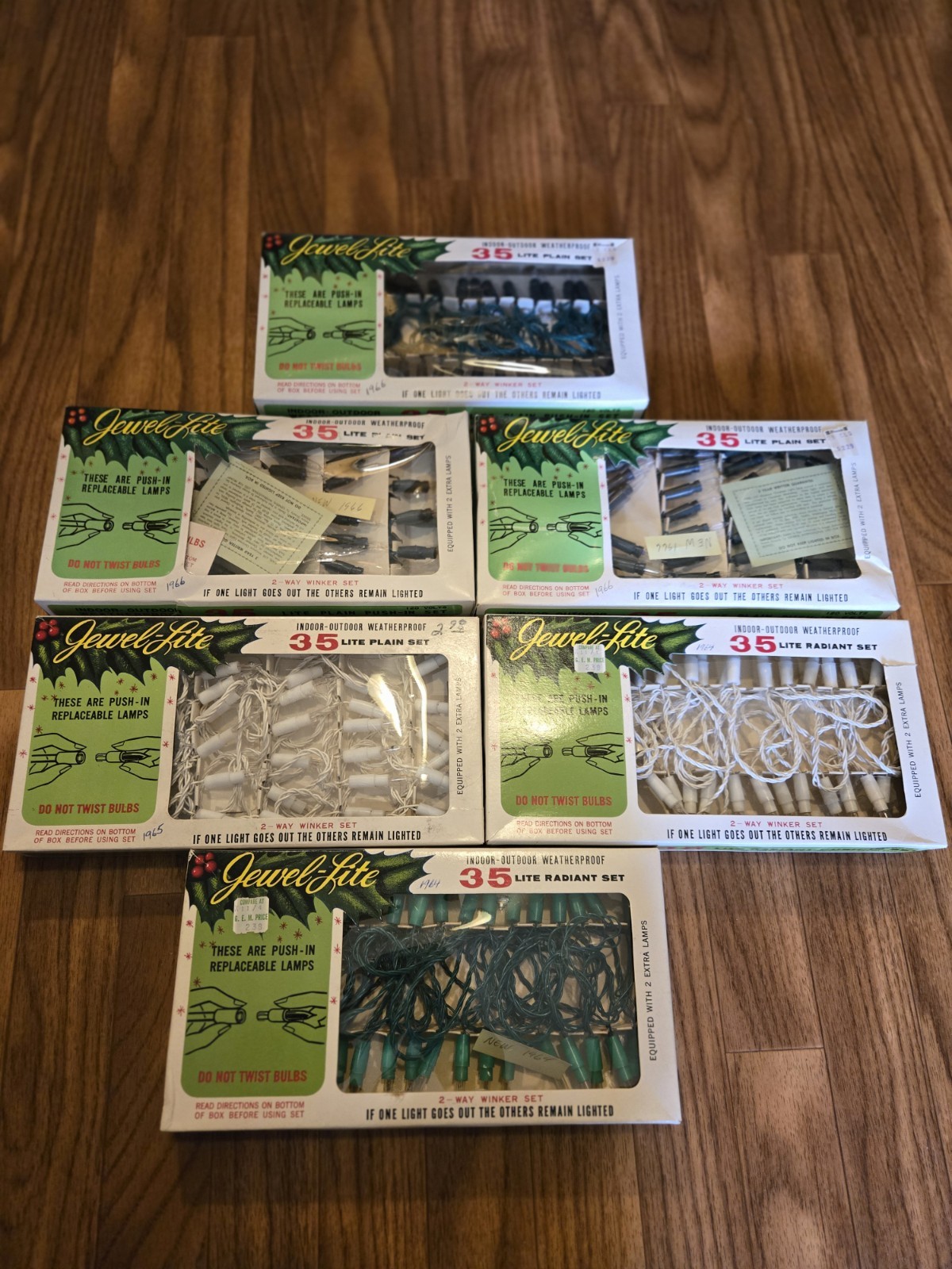 5 NOS Sets Of Vintage Jewel Christmas Lights And 1 Used Set – 1964 To 1966
