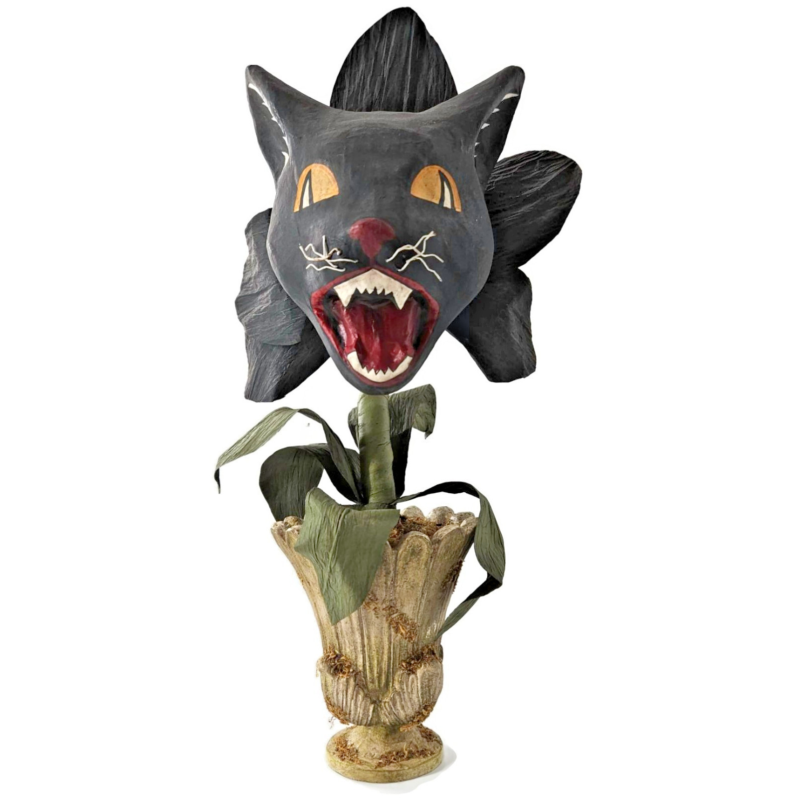 Bethany Lowe Halloween Scaredy Cat Orchid Black Paper Mache Flower Urn 18″ Rare