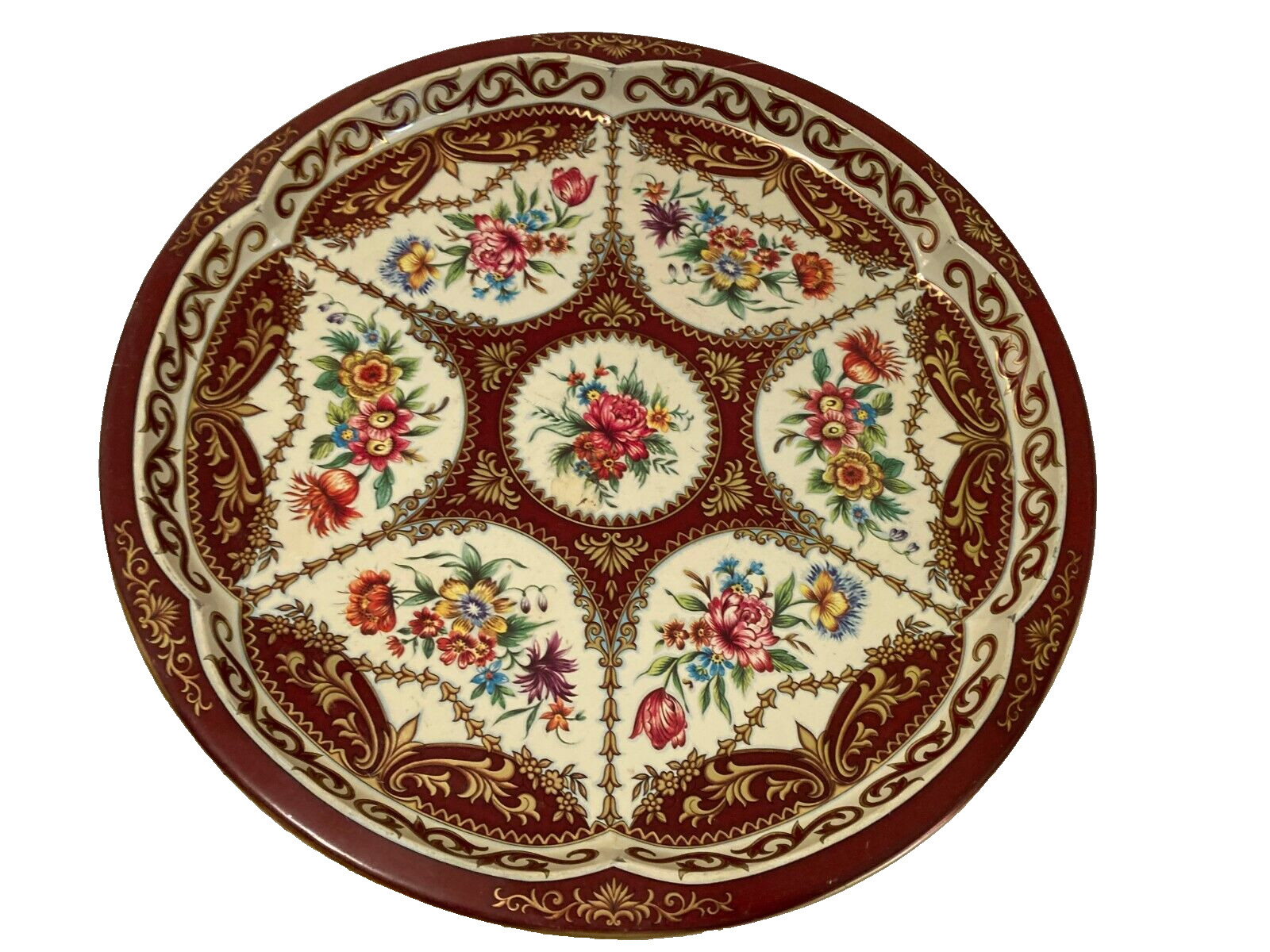 Vintage Daher England Victorian Floral Burgundy Metal Scalloped Tray 12.5x.5