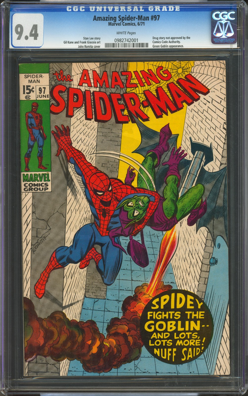 Amazing Spider-Man #97 CGC 9.4 WHITE PG | Marvel 1971 | Green Goblin Drug Story