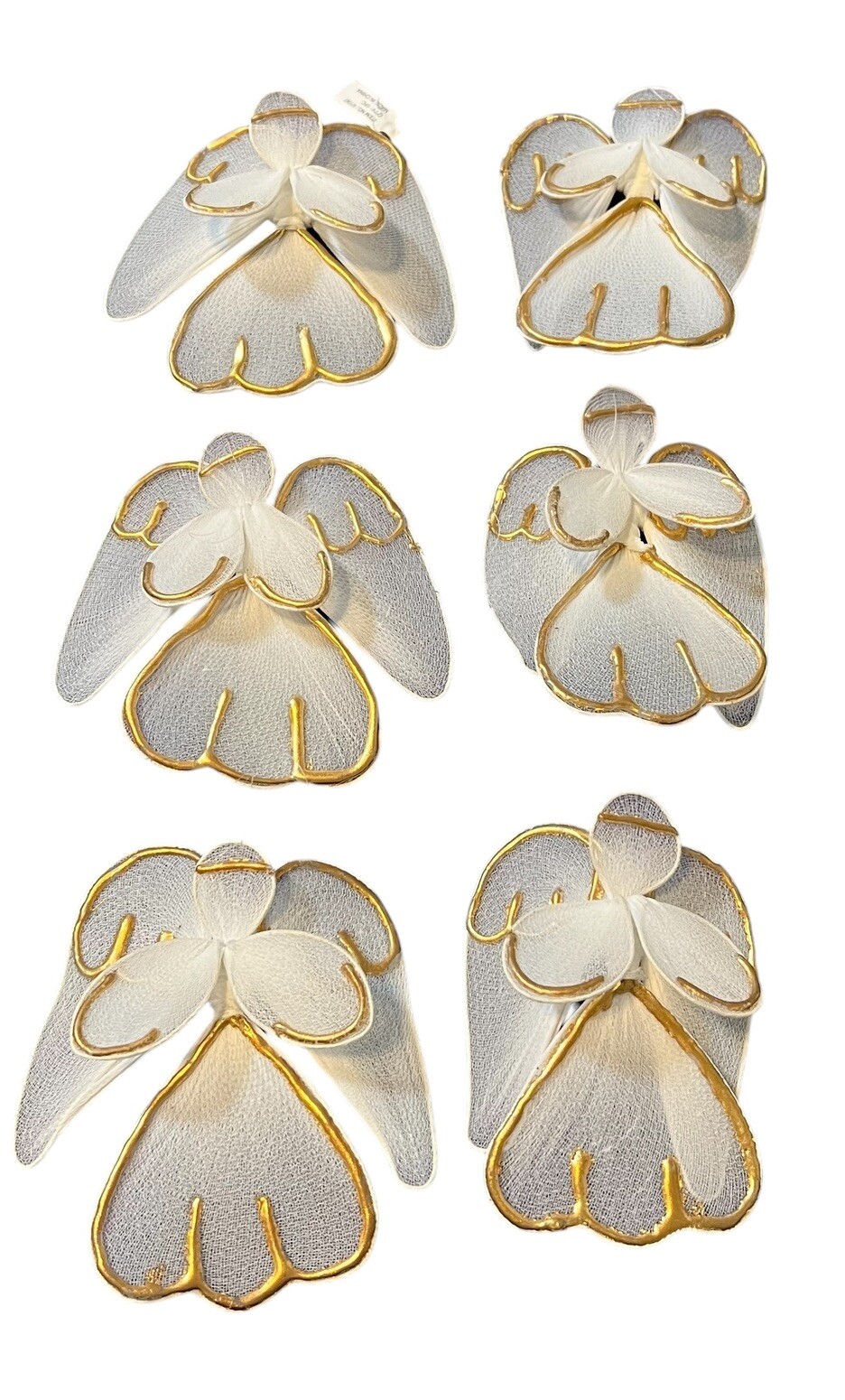 Vintage Tulle Nylon Wire Wrapped Angels Trimmed In Gold Set Of 6 Ornaments