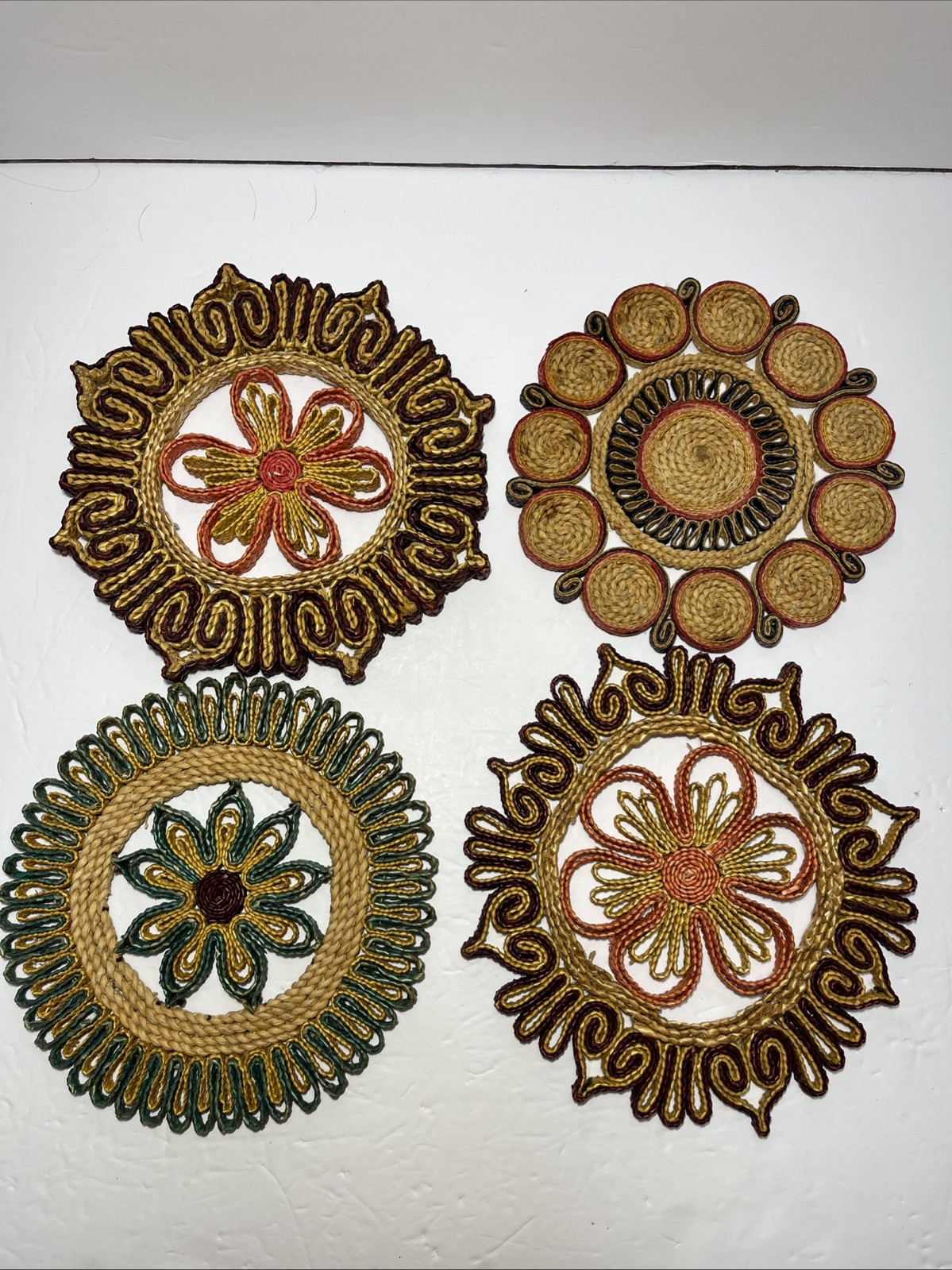 Vtg Woven Straw Trivets Set/4 Boho Raffia Rattan Hot Pads 1970s Boho Core