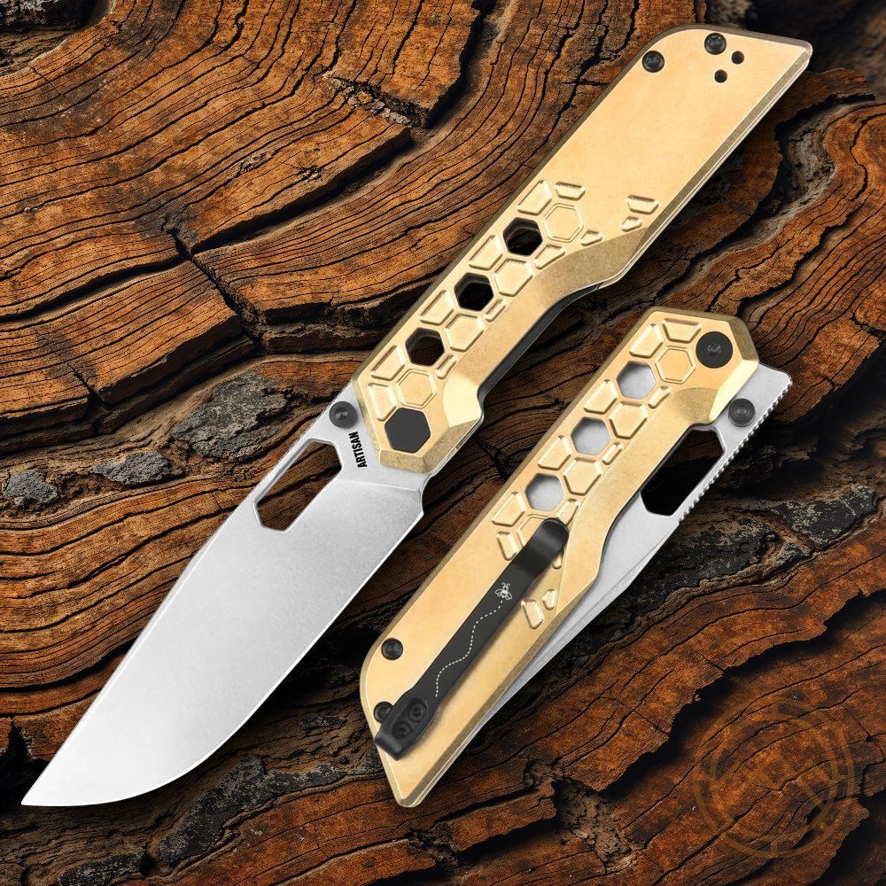 Artisan Beest Linerlock Folding Knife 3.63″ AR-RPM9 Steel Blade Brass Handle