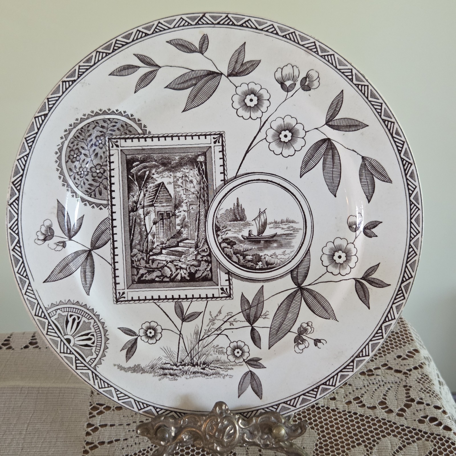 Antique Victorian Aesthetic Movement Brown Transferware Plate Swan Mark 9.25″