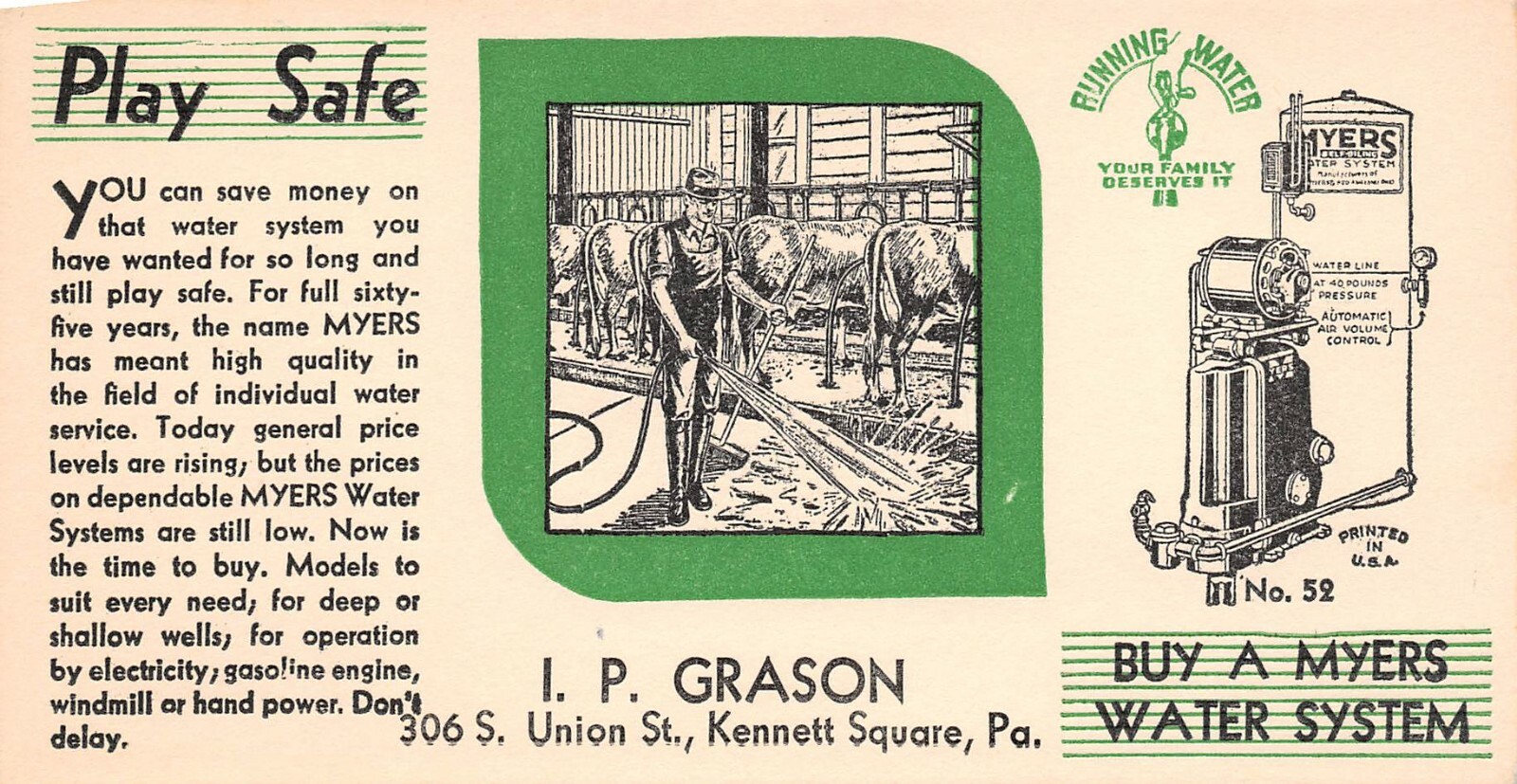 I P Grason Kennet Square Pa Play Safe Myers Water System small advtg blotter