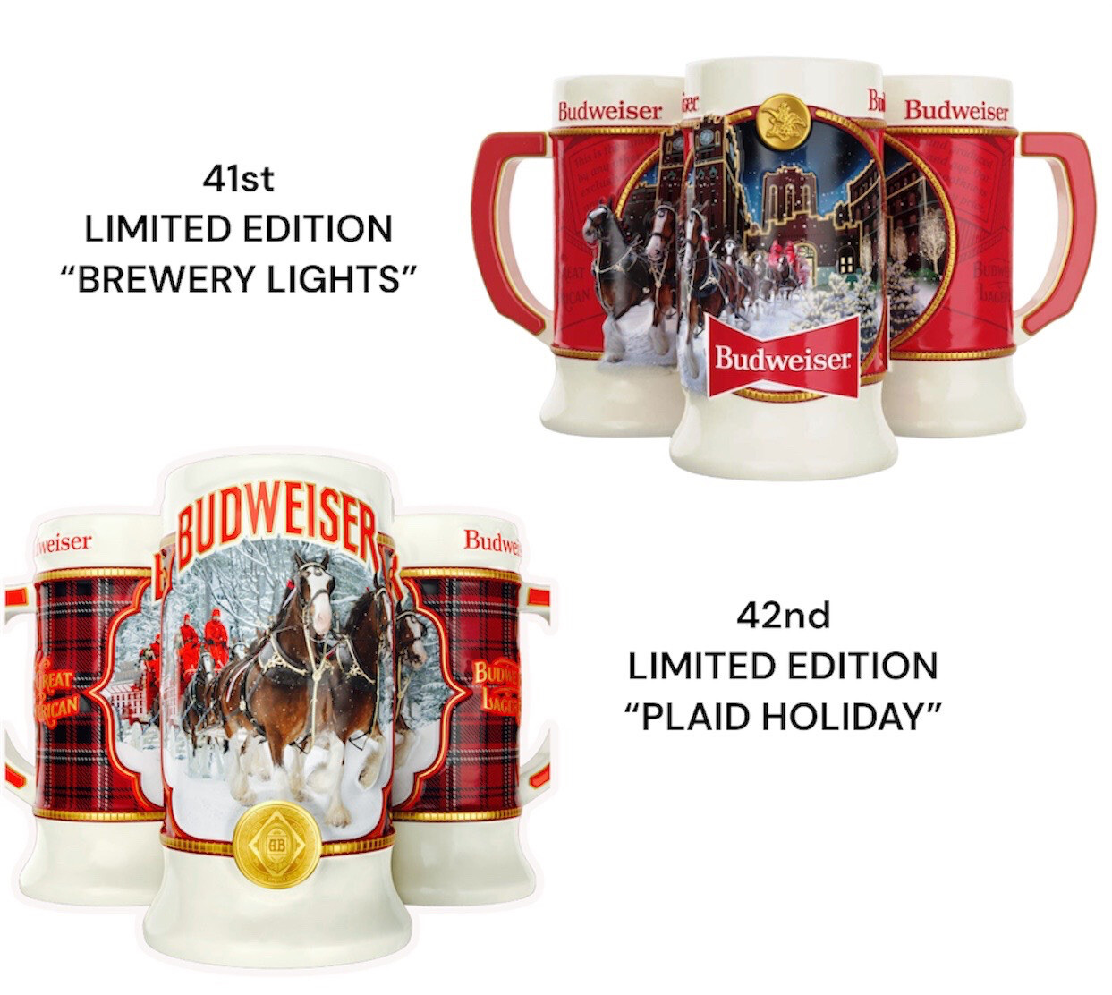 Budweiser Clydesdale Holiday Stein Mugs 2020 & 2021 Limited Edition 41st & 42nd