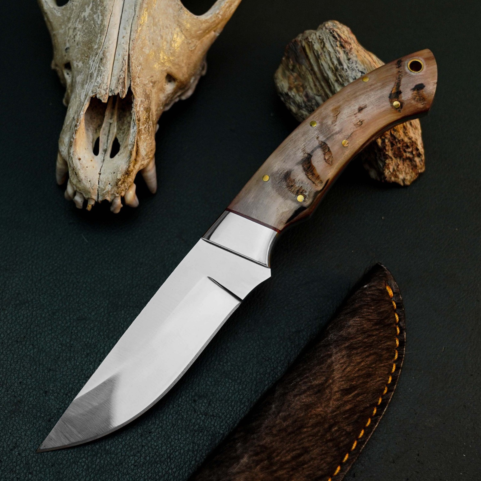 8.9″ Full Tang Skinner EDC Knife D2 Steel Hunting Fixed Blade Ram Horn Handle