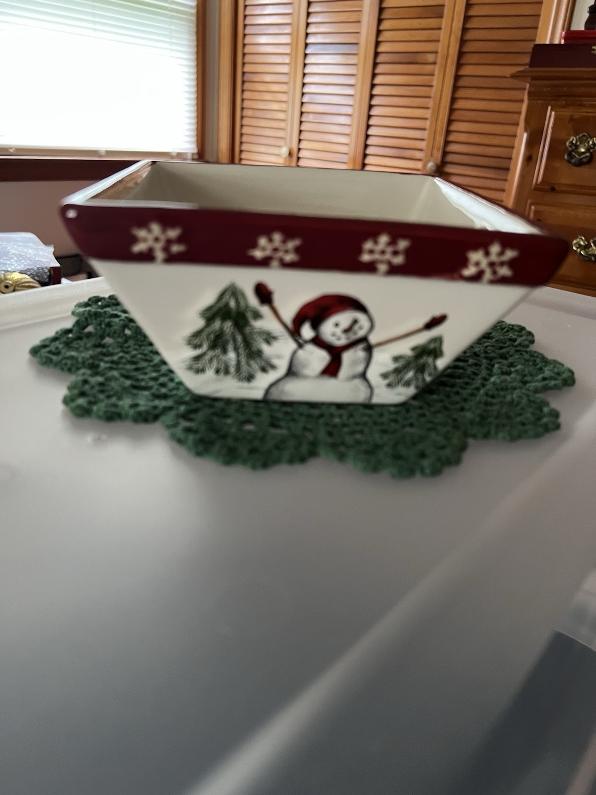 Snowman ceramic Candy dish. 6 inches wide, 3 inches high. heavy
