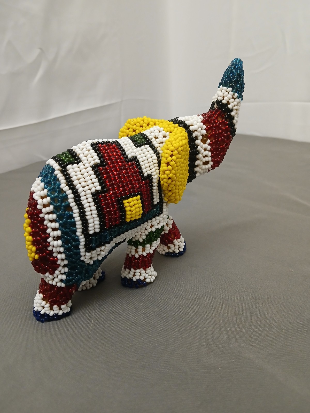 Handmade Beaded Elephant Figurine Multicolor with Yellow Ears