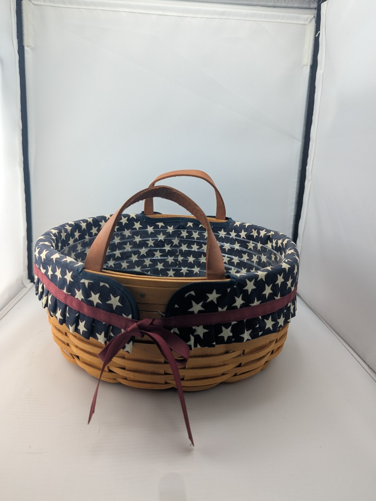 Vintage2002 Longaberger Darning Basket 10″ Round Leather Handles Liner Protector