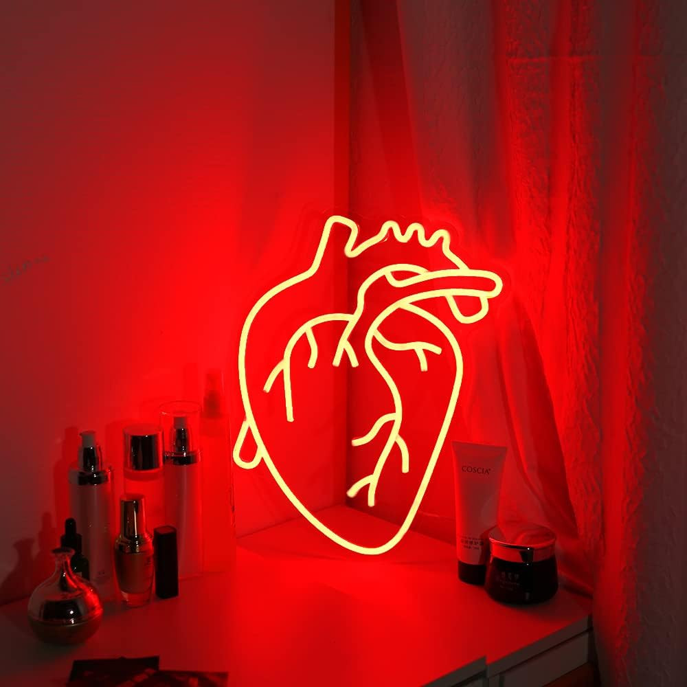 Human Heart Neon Sign USB Powered, Anatomical Heart LED Neon Light for Wall Deco